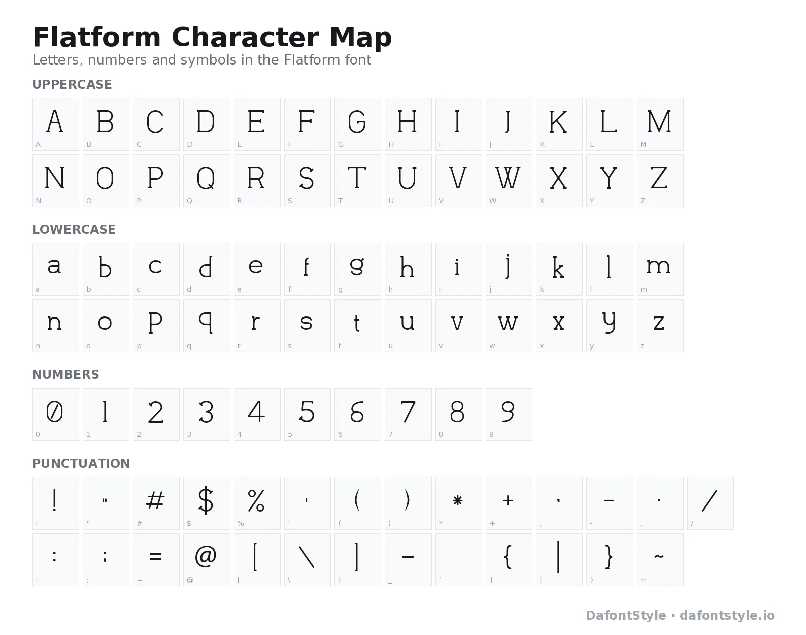 Flatform font character map with uppercase and lowercase letters, numbers and symbols