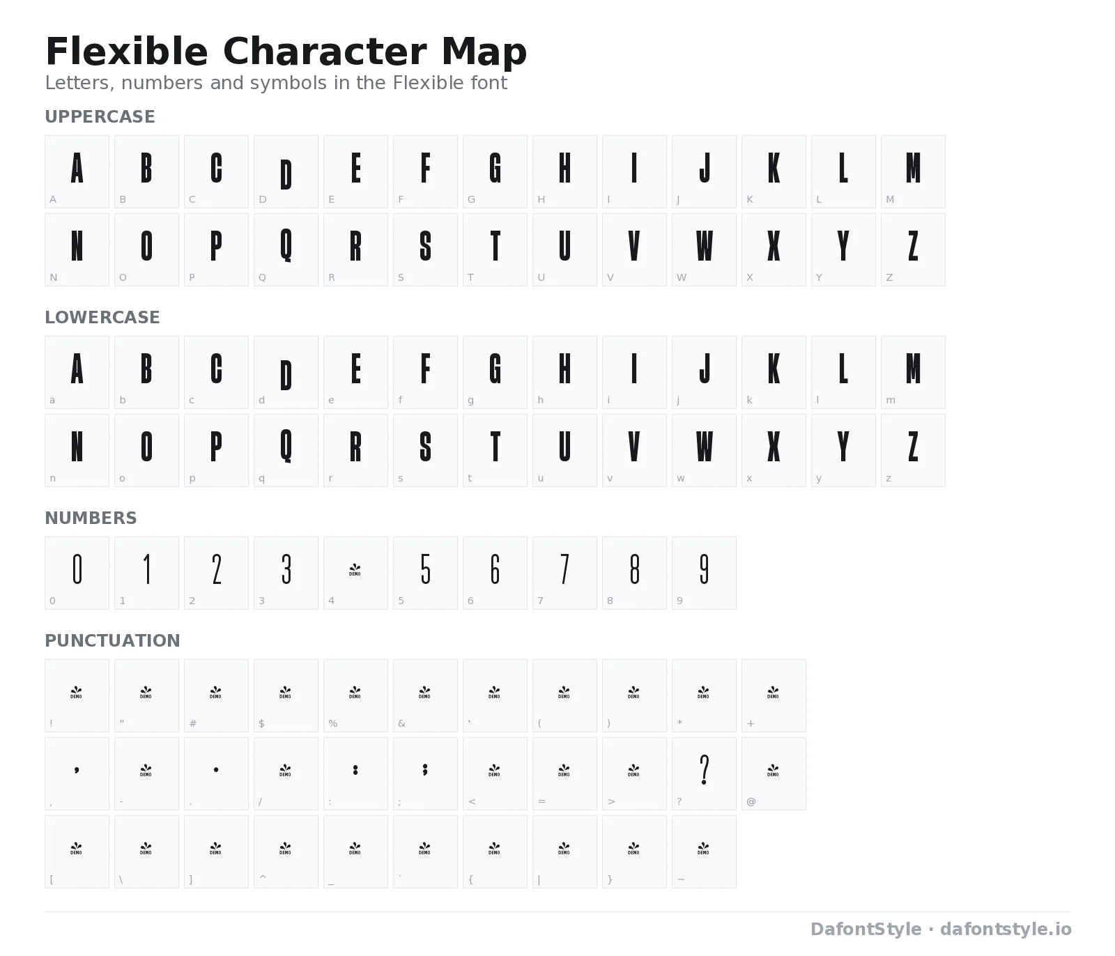 Flexible font character map with uppercase and lowercase letters, numbers and symbols