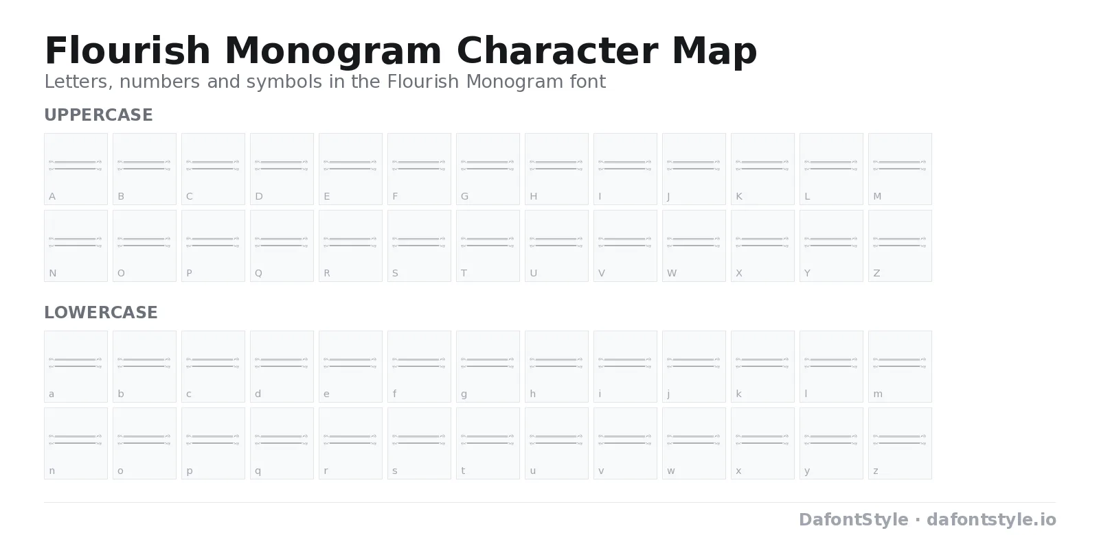 Flourish Monogram font character map with uppercase and lowercase letters, numbers and symbols
