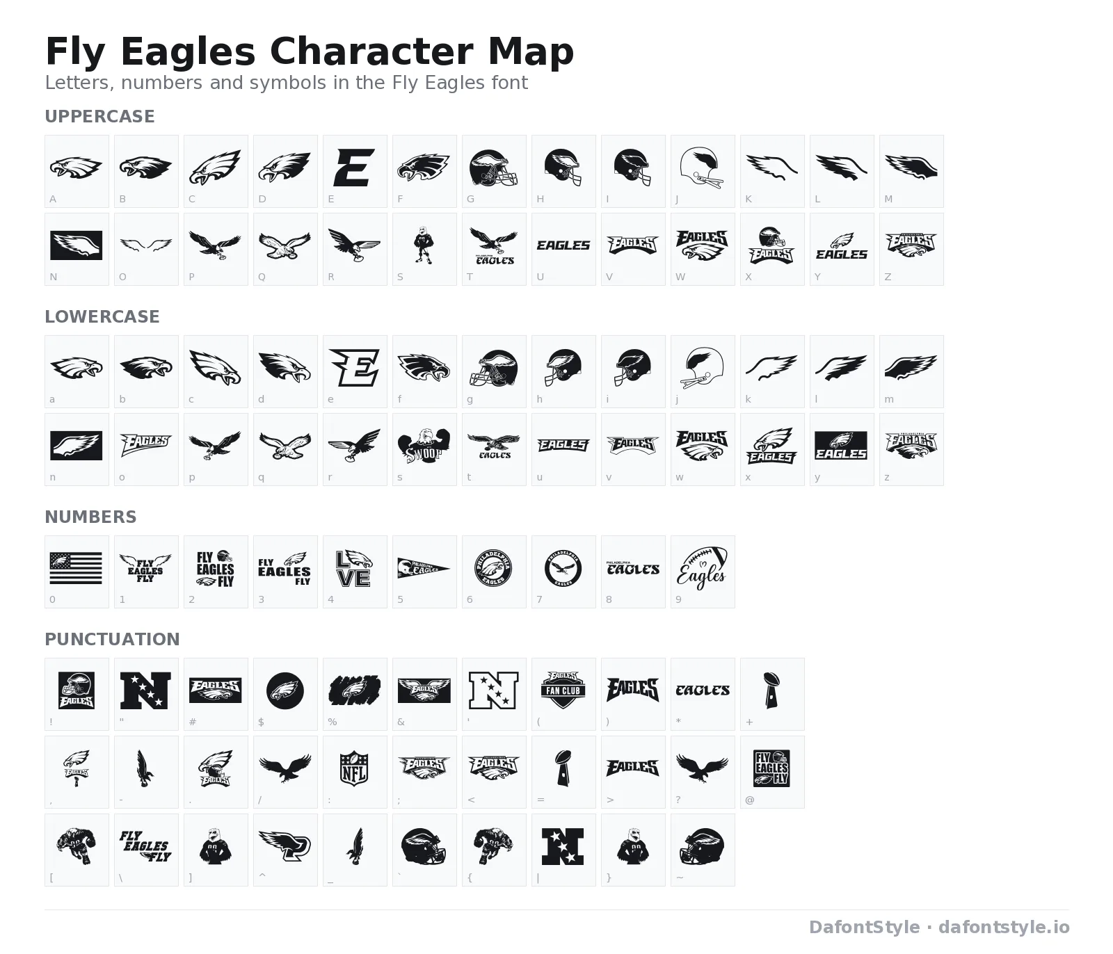 Fly Eagles font character map with uppercase and lowercase letters, numbers and symbols