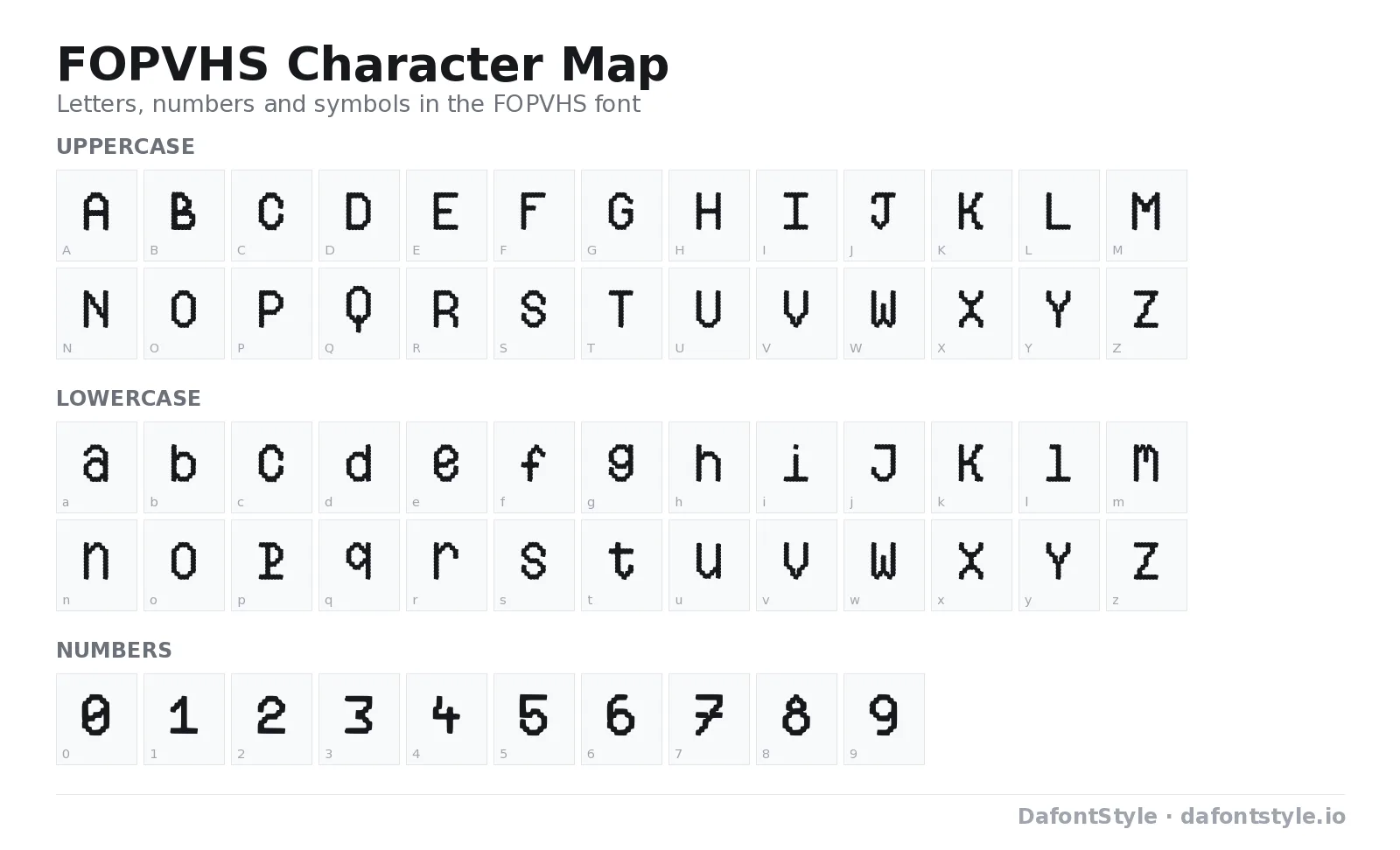 FOPVHS font character map with uppercase and lowercase letters, numbers and symbols