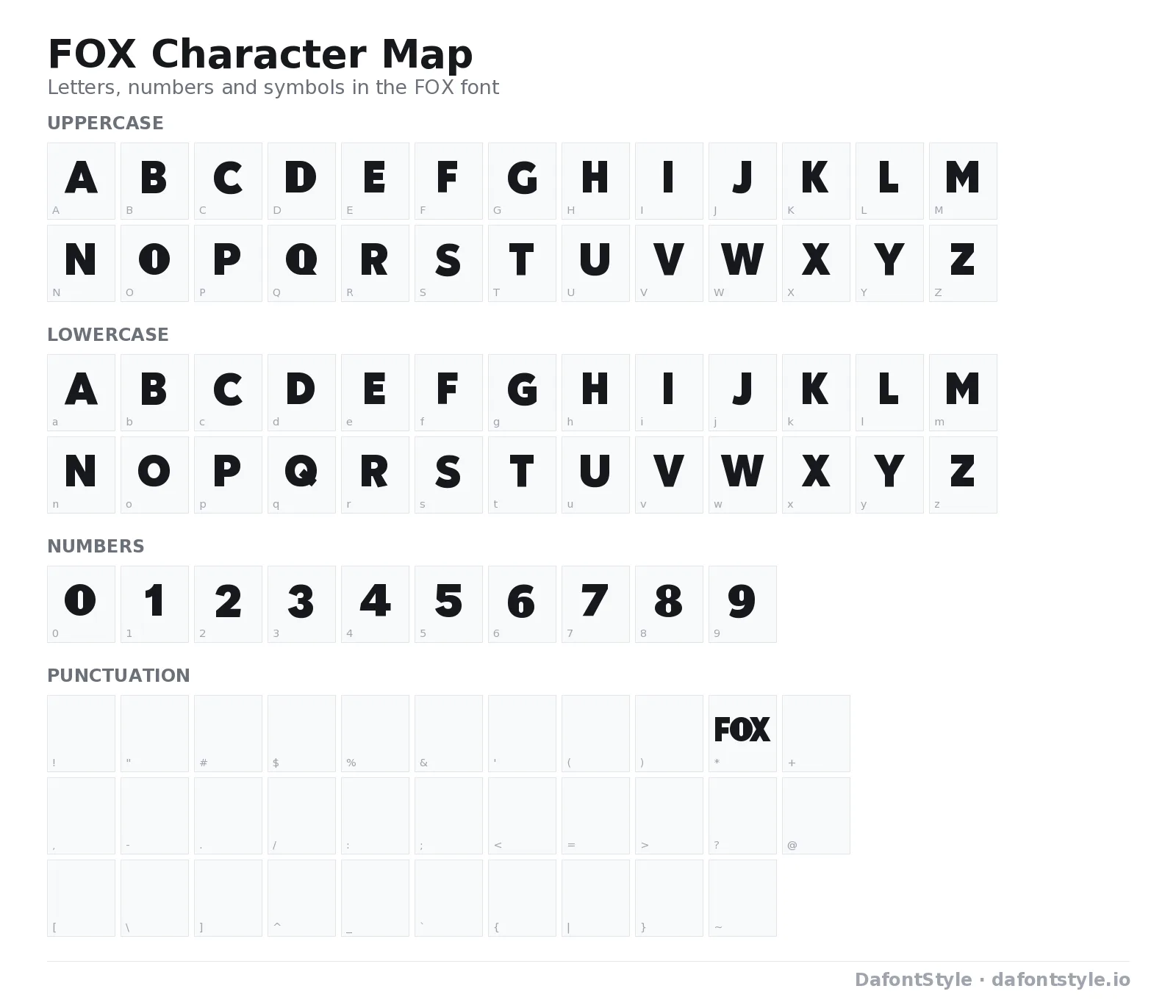 FOX font character map with uppercase and lowercase letters, numbers and symbols