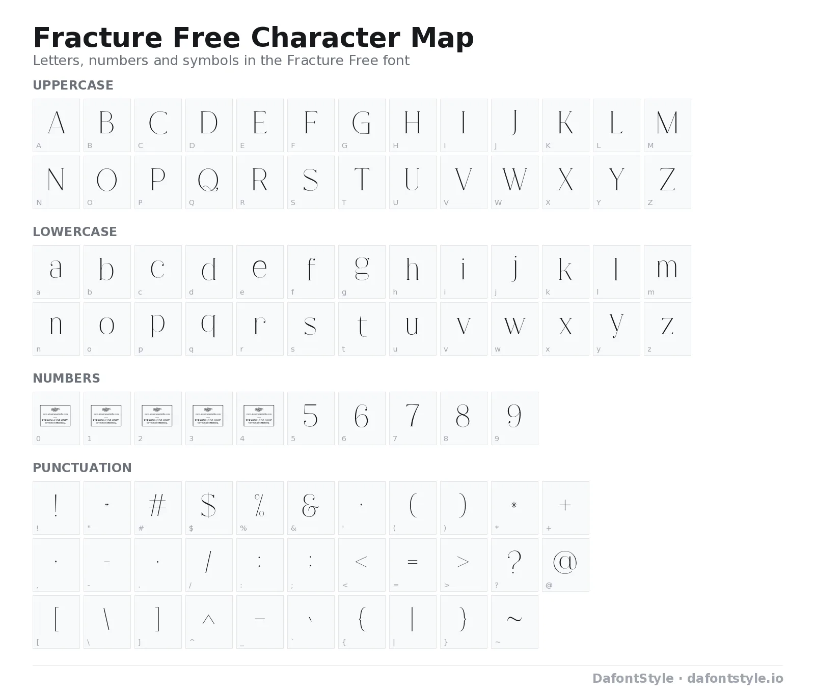 Fracture Free font character map with uppercase and lowercase letters, numbers and symbols