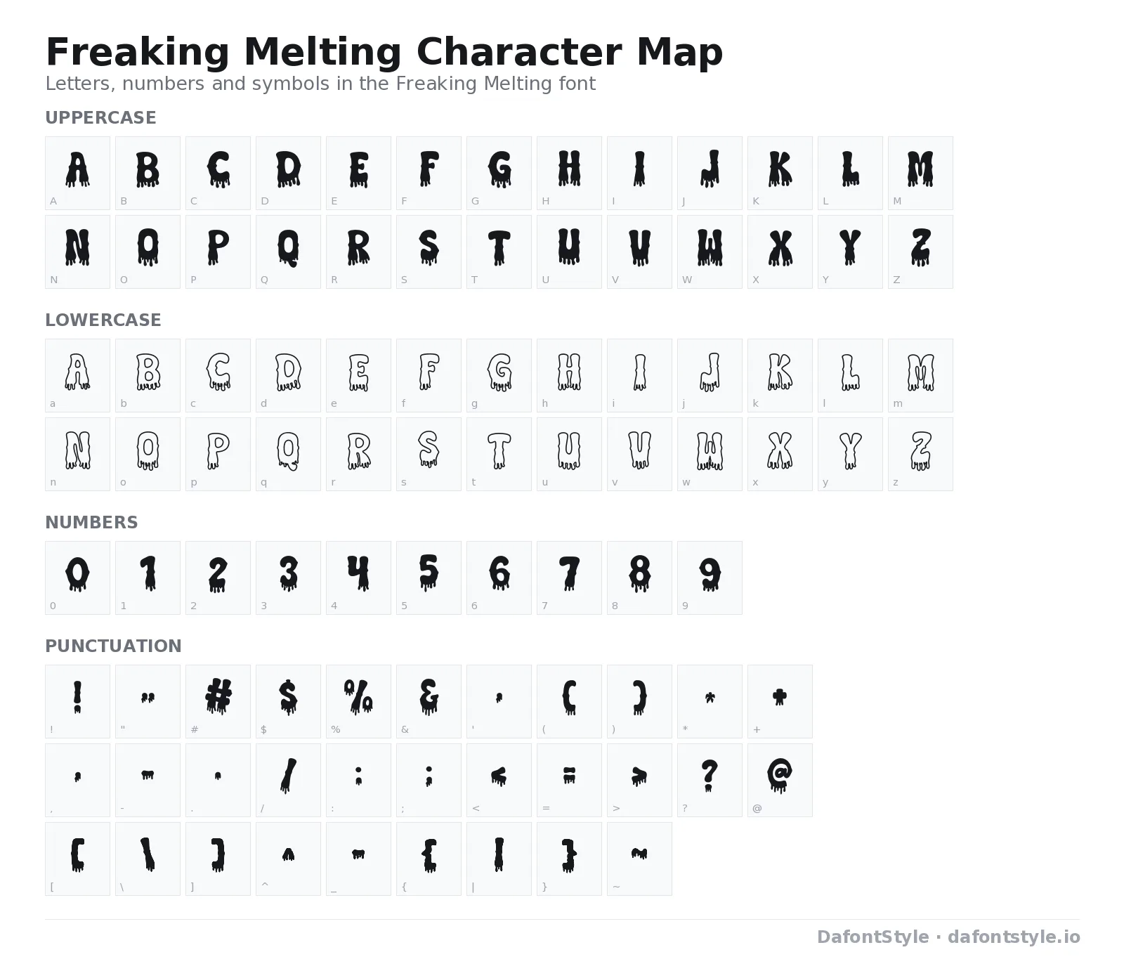 Freaking Melting font character map with uppercase and lowercase letters, numbers and symbols