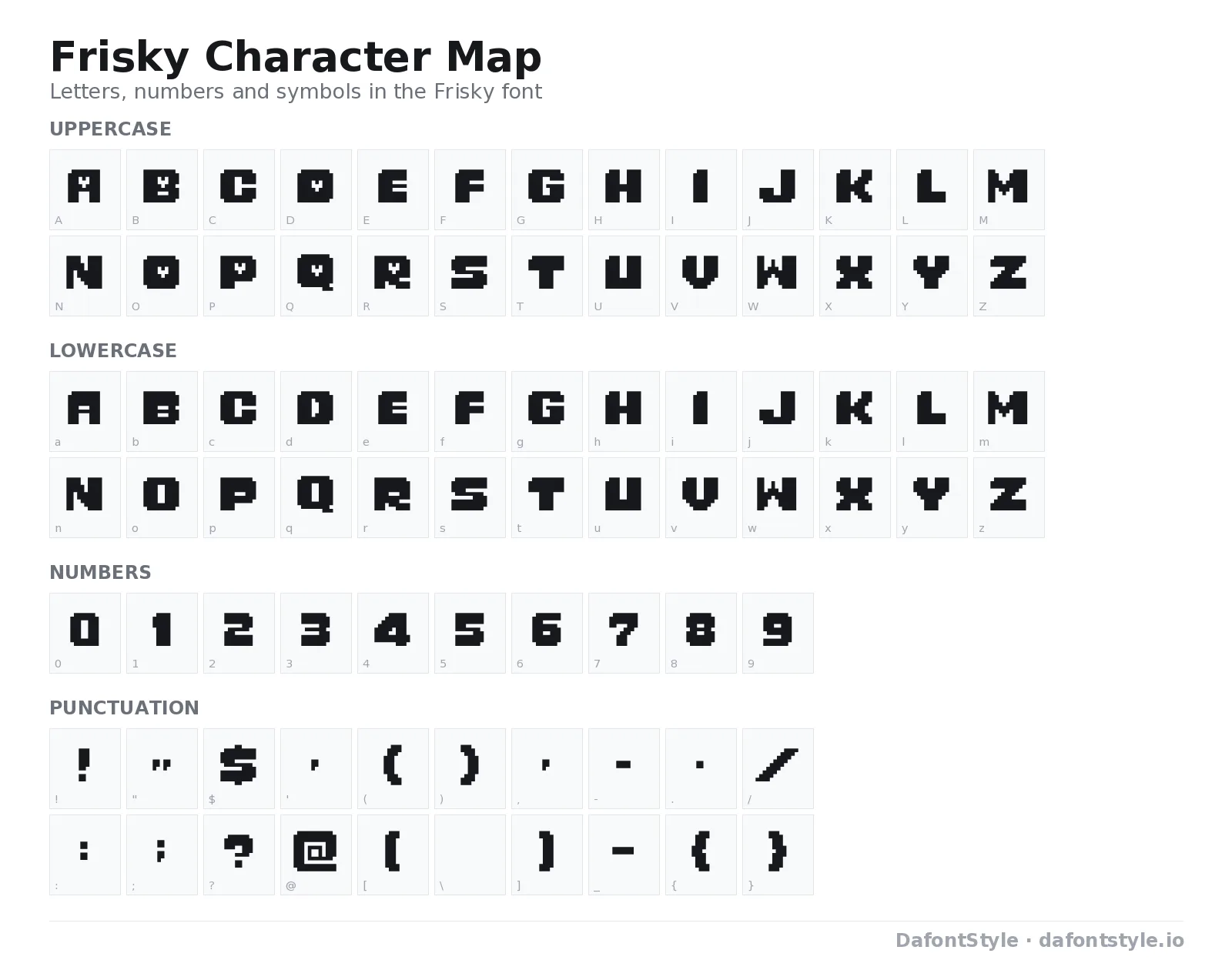 Frisky font character map with uppercase and lowercase letters, numbers and symbols