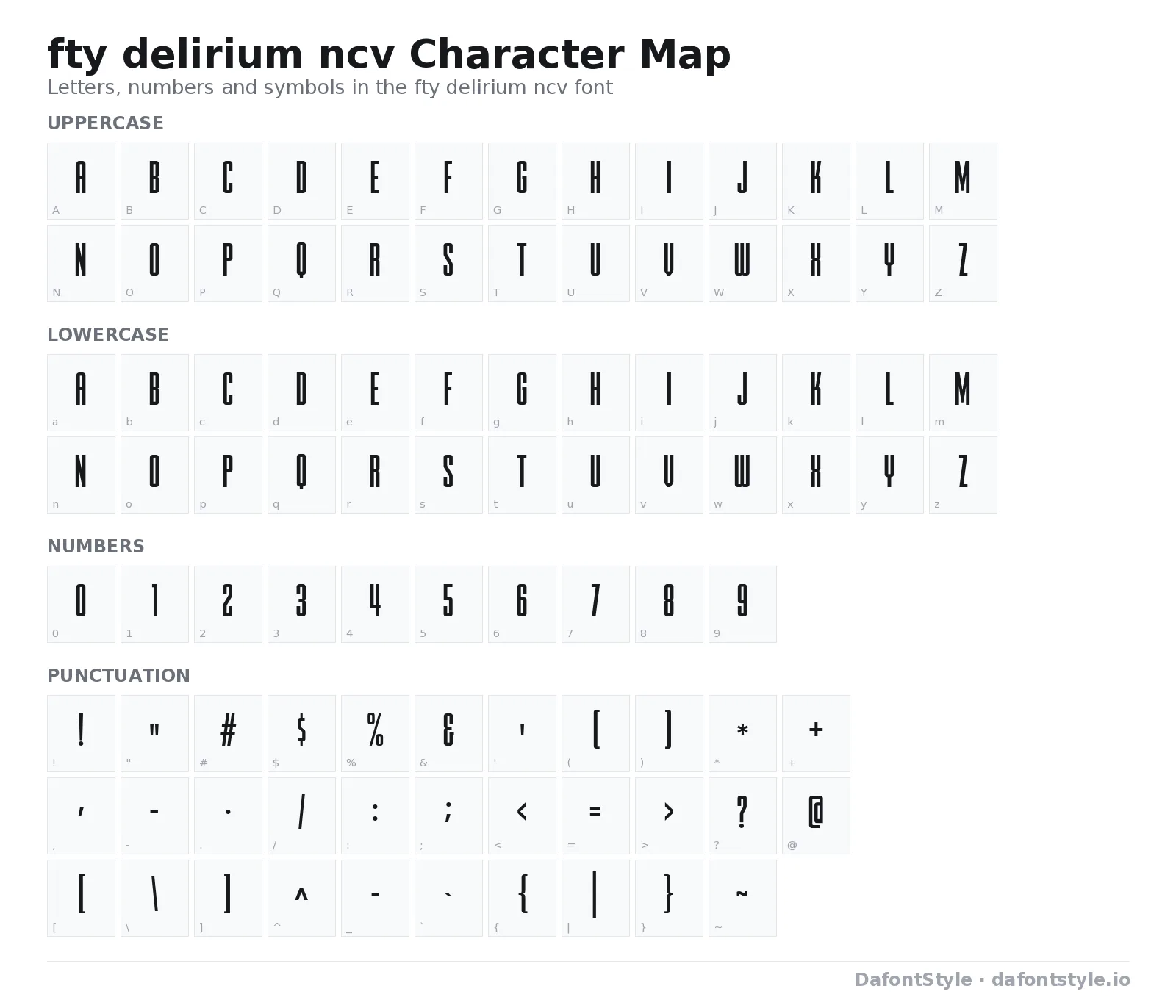 fty delirium ncv font character map with uppercase and lowercase letters, numbers and symbols