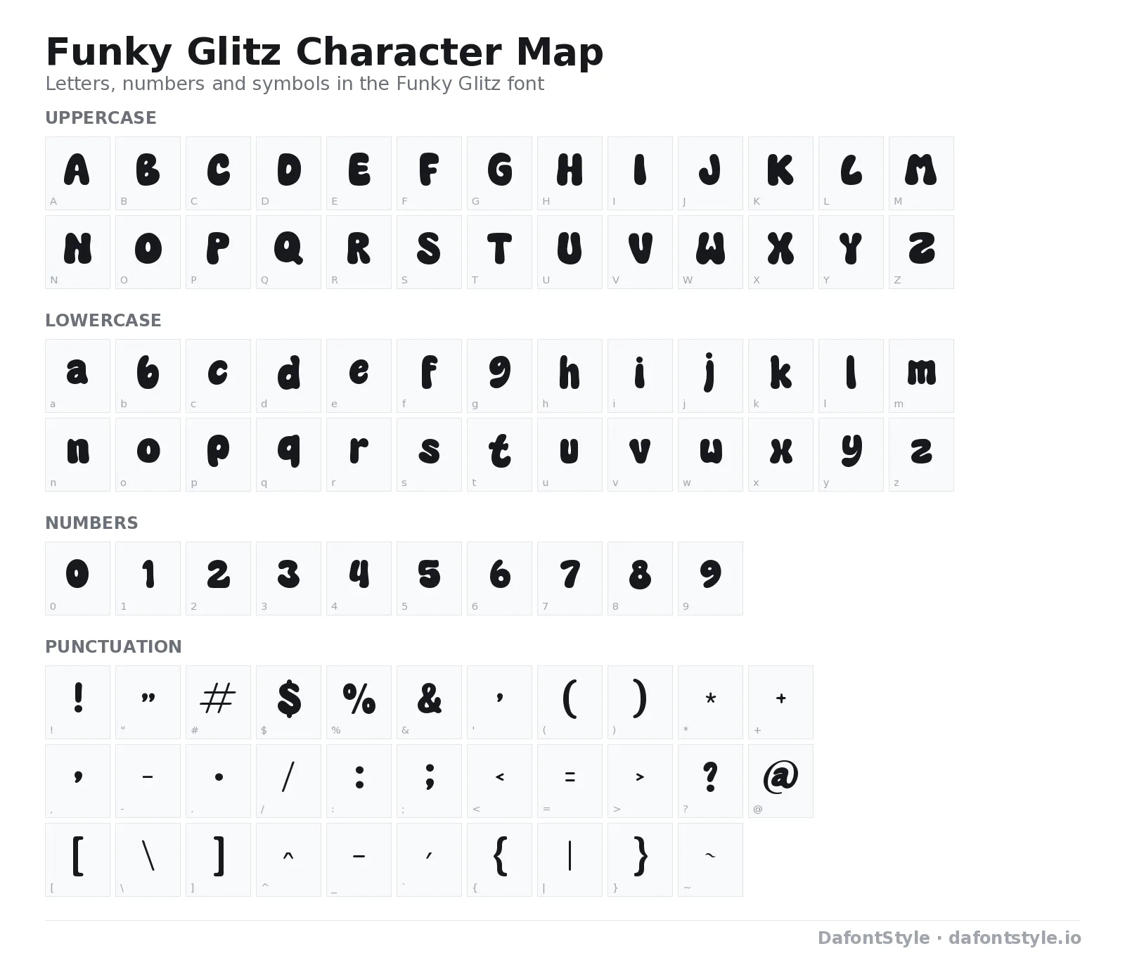Funky Glitz font character map with uppercase and lowercase letters, numbers and symbols