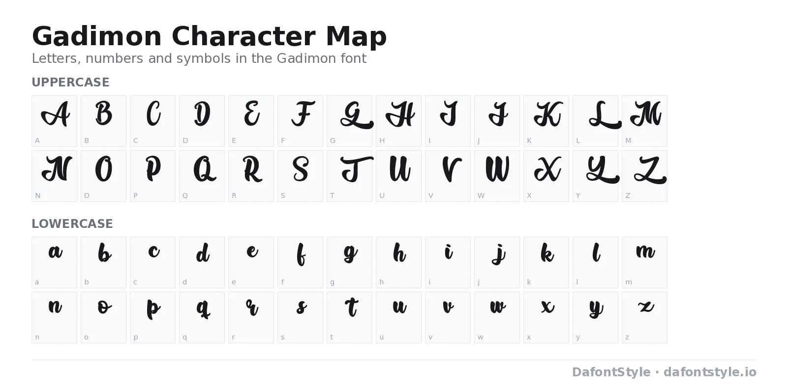 Gadimon font character map with uppercase and lowercase letters, numbers and symbols