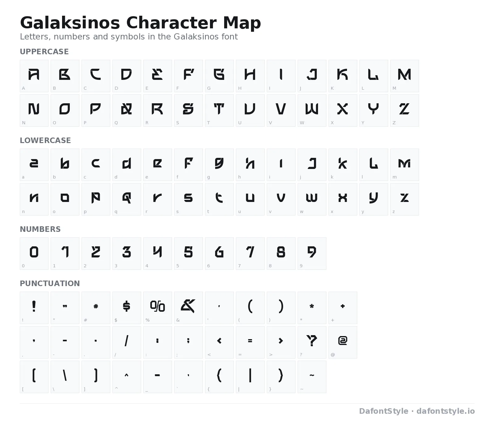 Galaksinos font character map with uppercase and lowercase letters, numbers and symbols