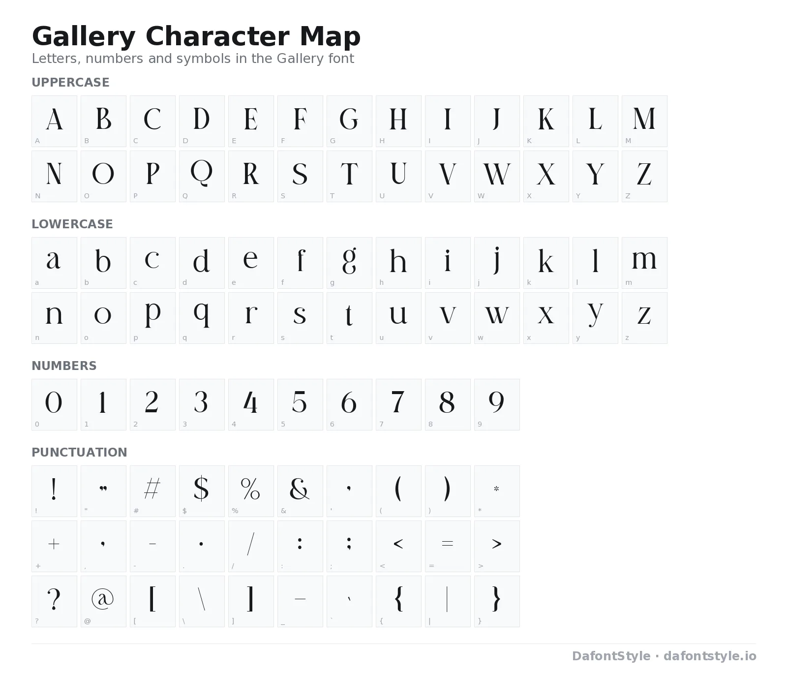 Gallery font character map with uppercase and lowercase letters, numbers and symbols