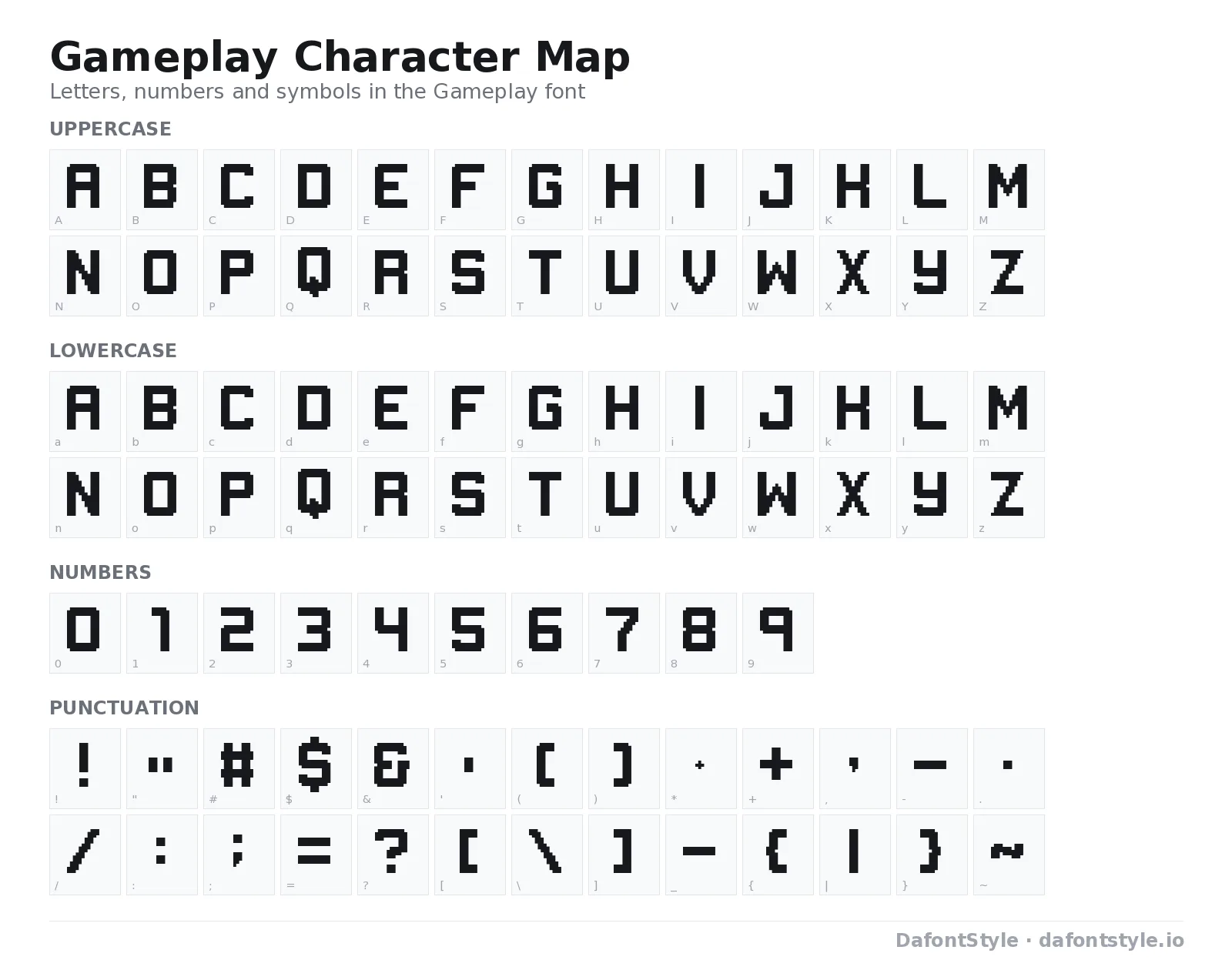 Gameplay font character map with uppercase and lowercase letters, numbers and symbols