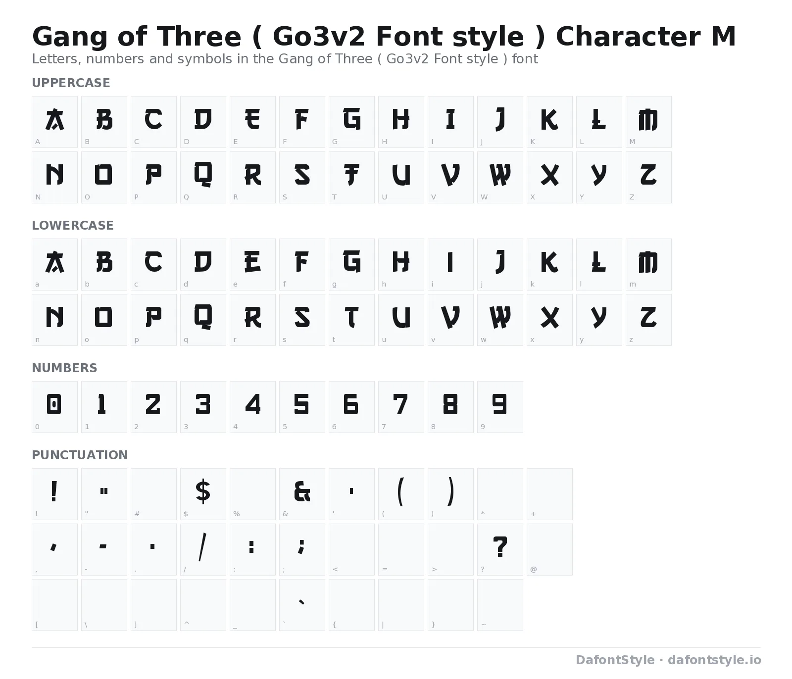 Gang of Three ( Go3v2 Font style ) font character map with uppercase and lowercase letters, numbers and symbols