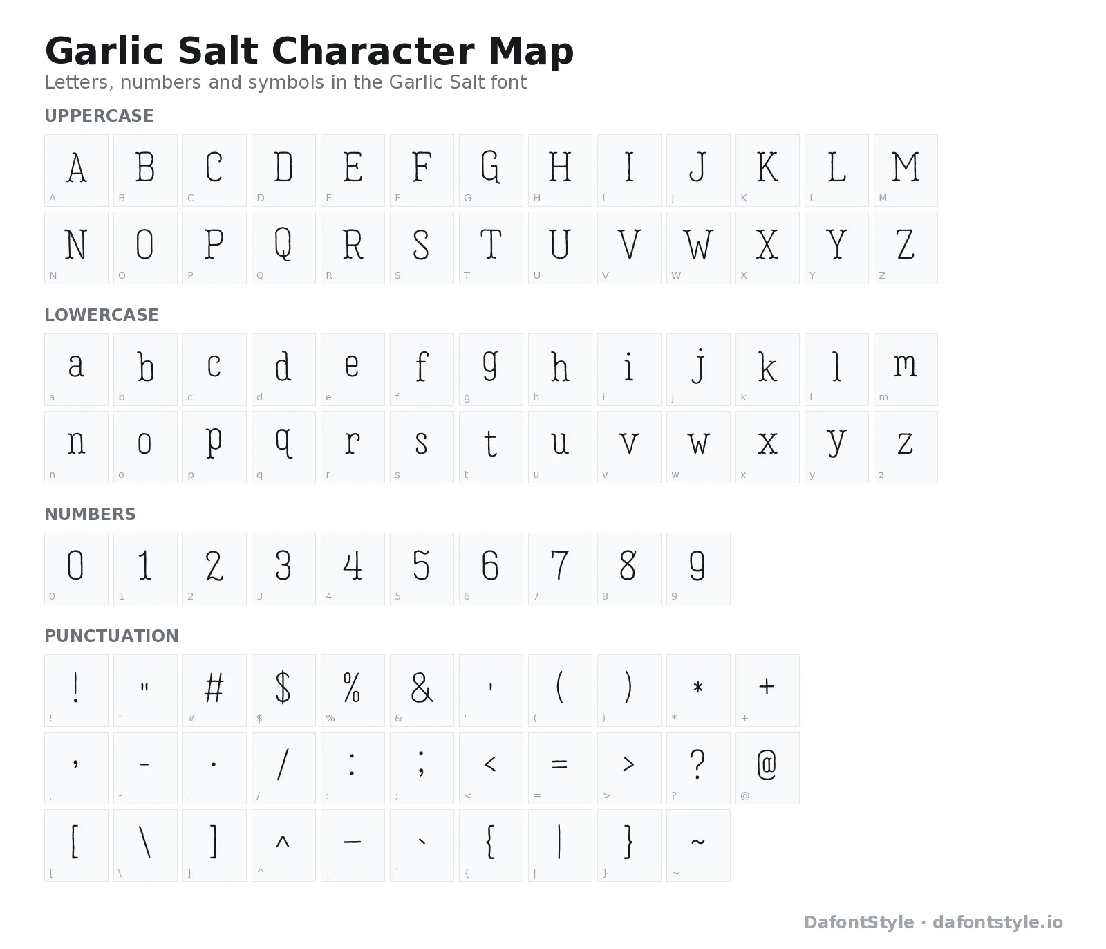 Garlic Salt font character map with uppercase and lowercase letters, numbers and symbols