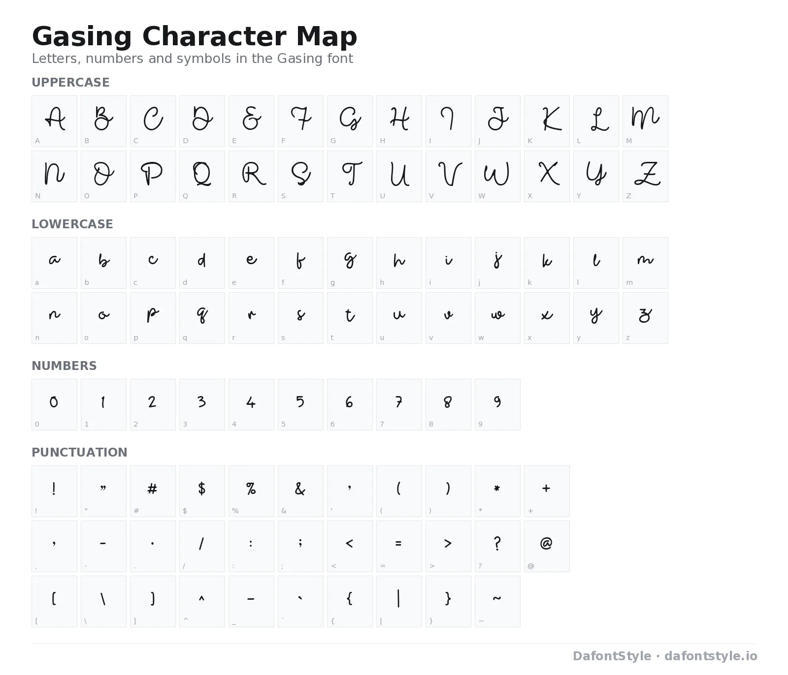 Gasing font character map with uppercase and lowercase letters, numbers and symbols