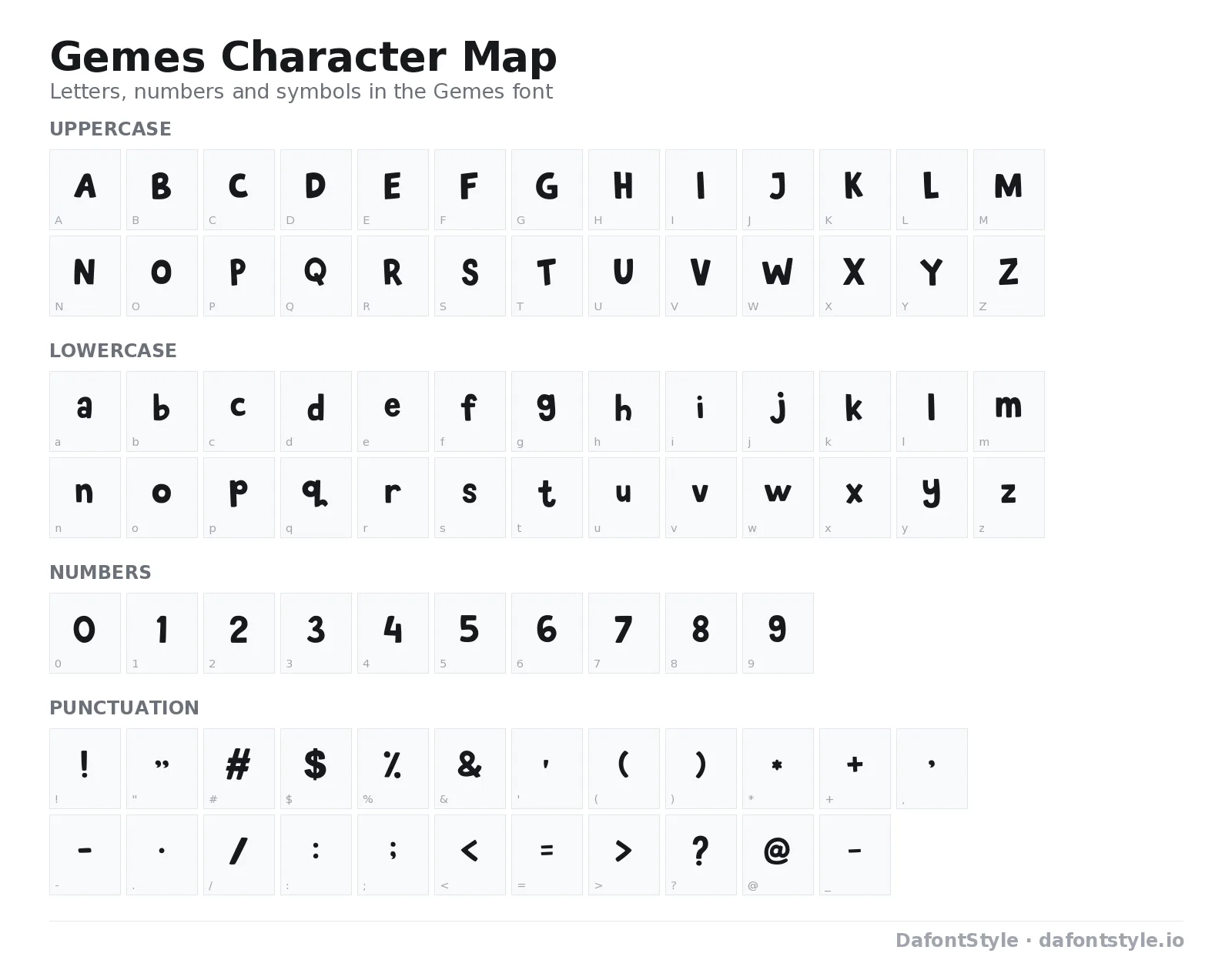 Gemes font character map with uppercase and lowercase letters, numbers and symbols