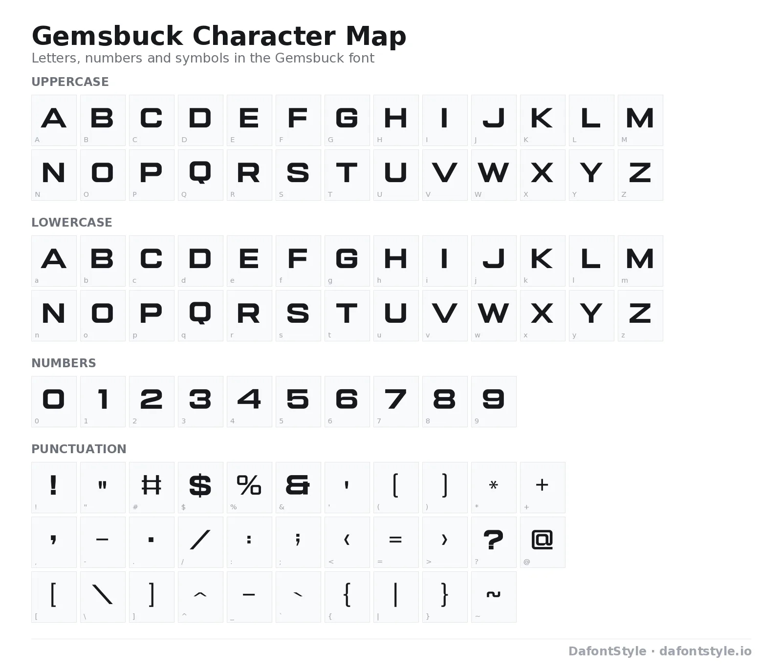 Gemsbuck font character map with uppercase and lowercase letters, numbers and symbols