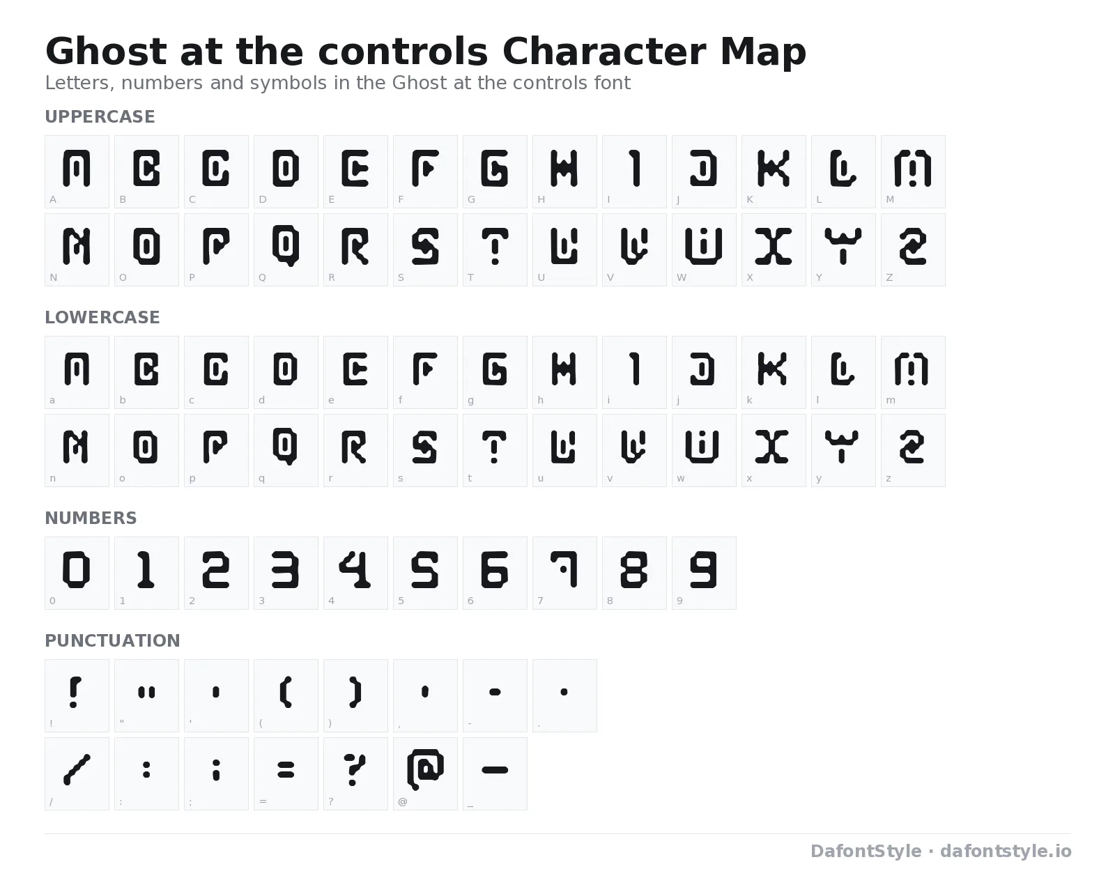 Ghost at the controls font character map with uppercase and lowercase letters, numbers and symbols