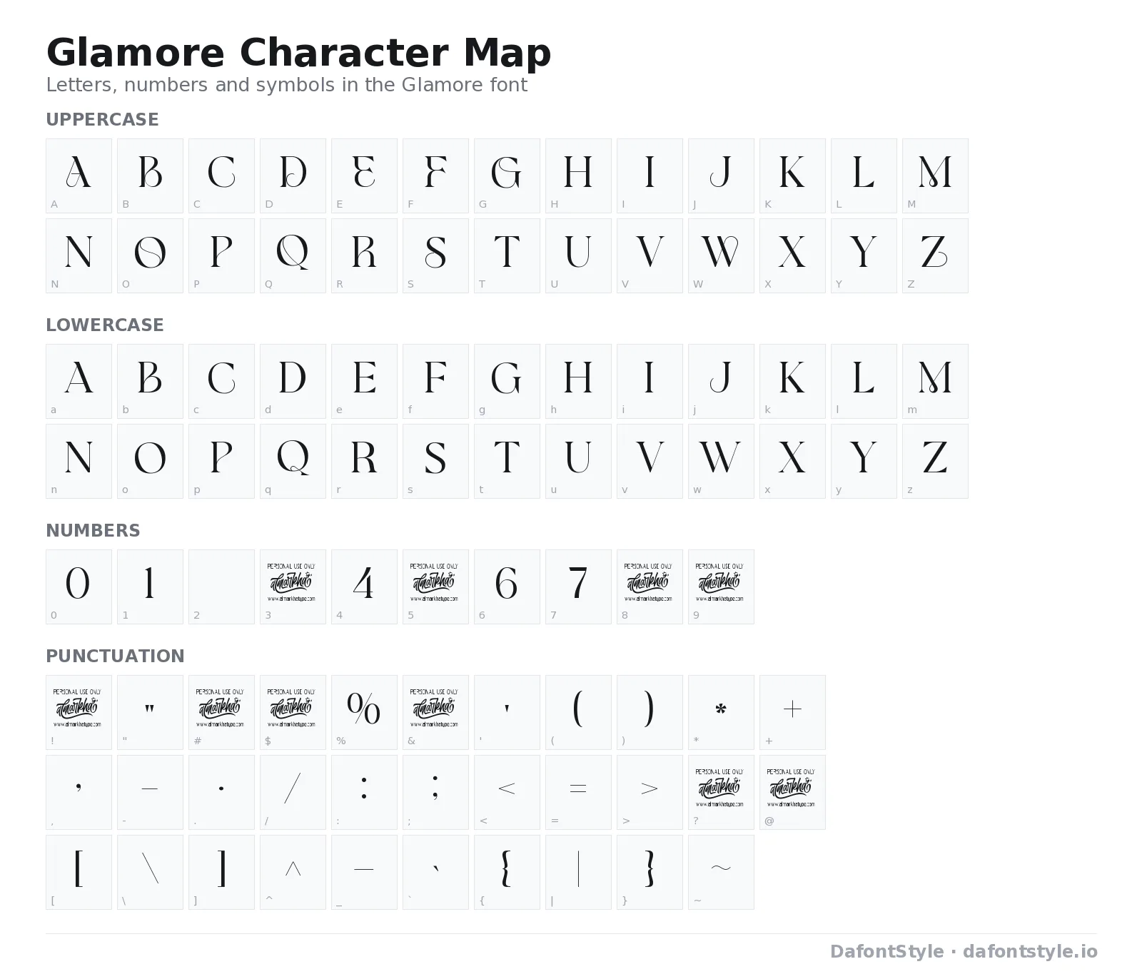 Glamore font character map with uppercase and lowercase letters, numbers and symbols