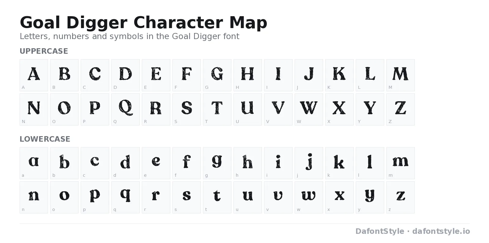 Goal Digger font character map with uppercase and lowercase letters, numbers and symbols