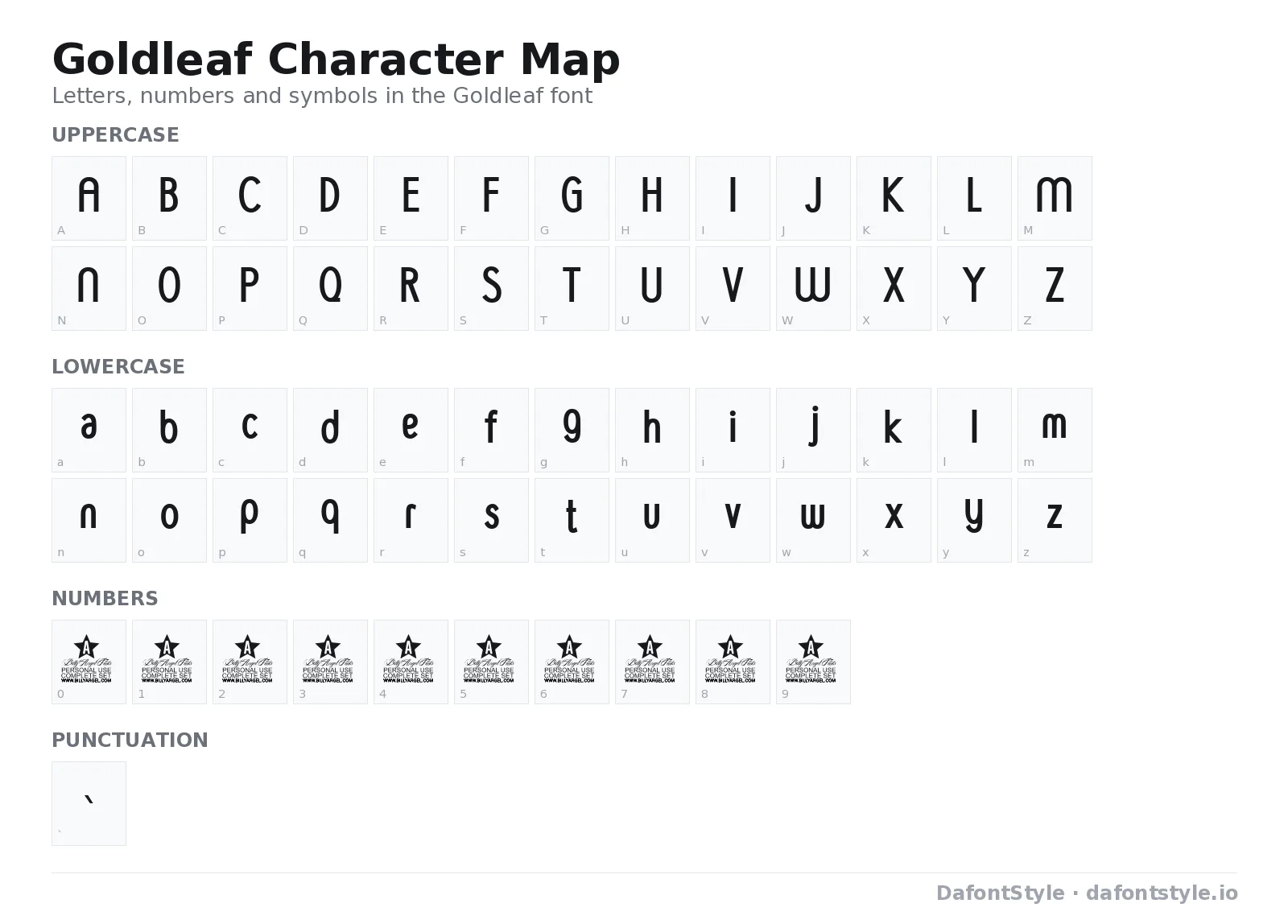 Goldleaf font character map with uppercase and lowercase letters, numbers and symbols