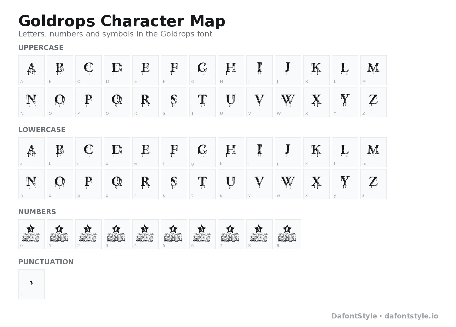Goldrops font character map with uppercase and lowercase letters, numbers and symbols