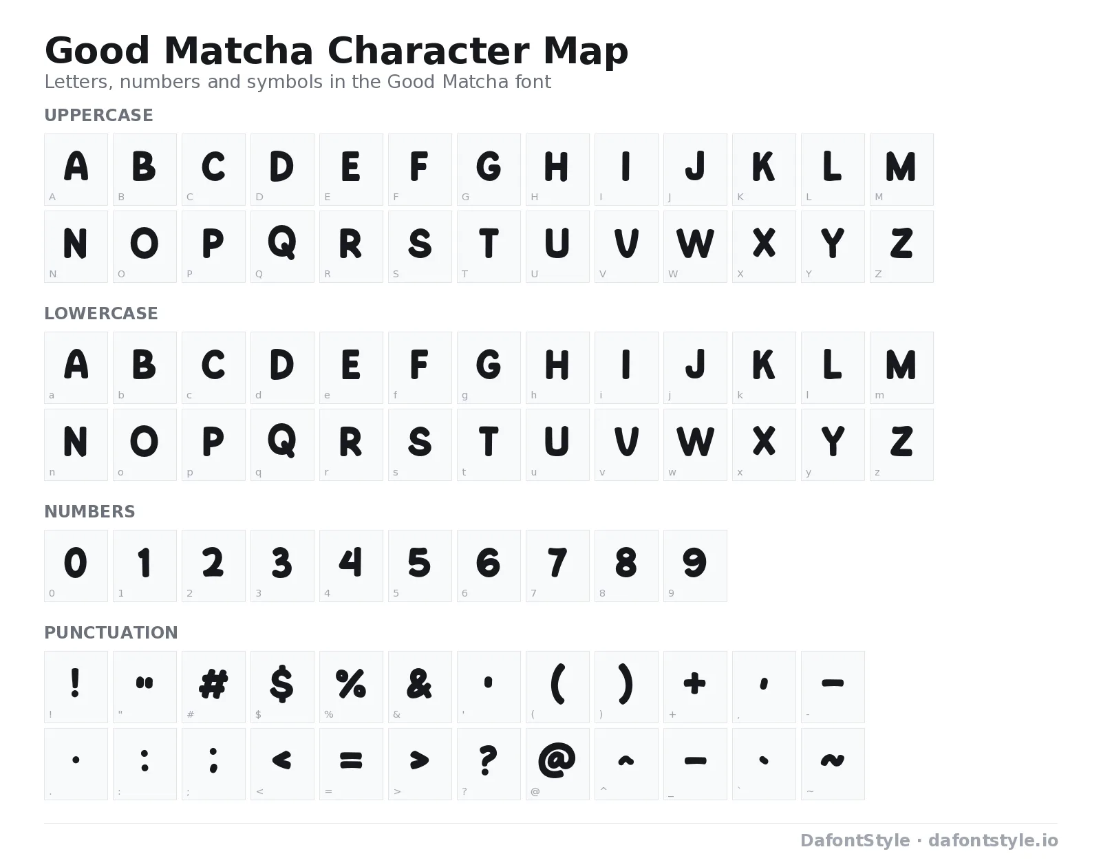Good Matcha font character map with uppercase and lowercase letters, numbers and symbols
