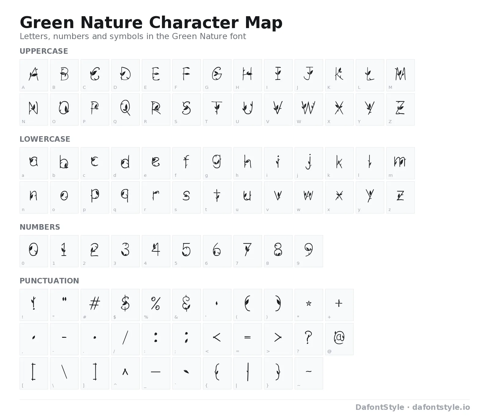 Green Nature font character map with uppercase and lowercase letters, numbers and symbols