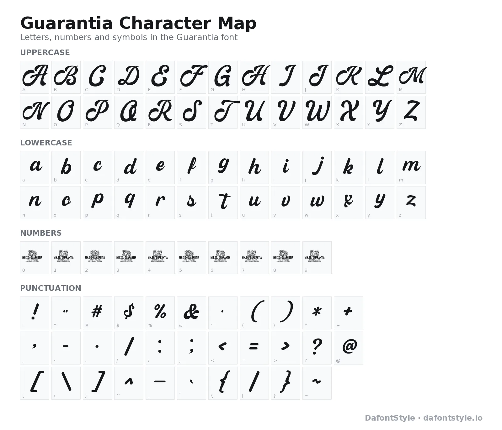 Guarantia font character map with uppercase and lowercase letters, numbers and symbols