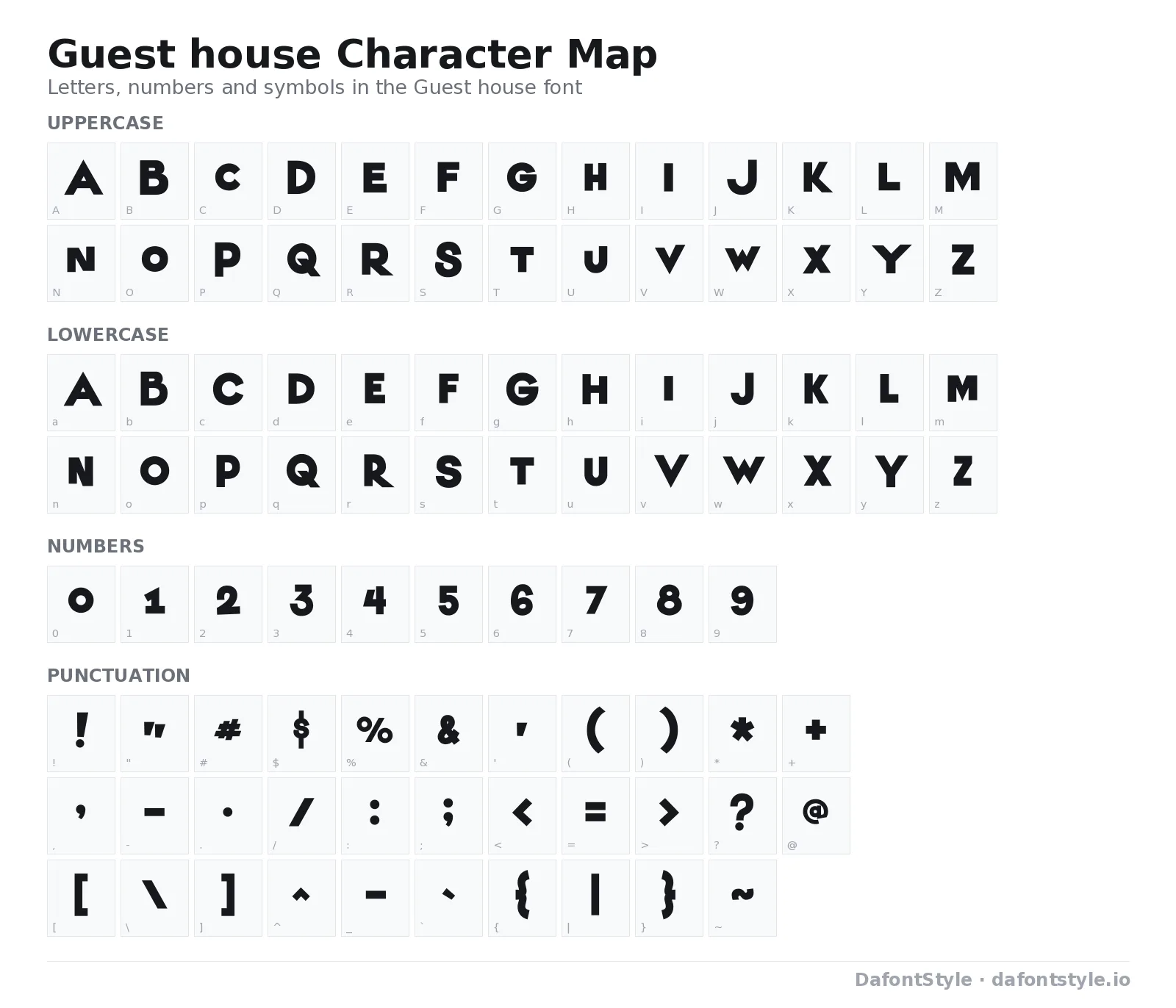 Guest house font character map with uppercase and lowercase letters, numbers and symbols