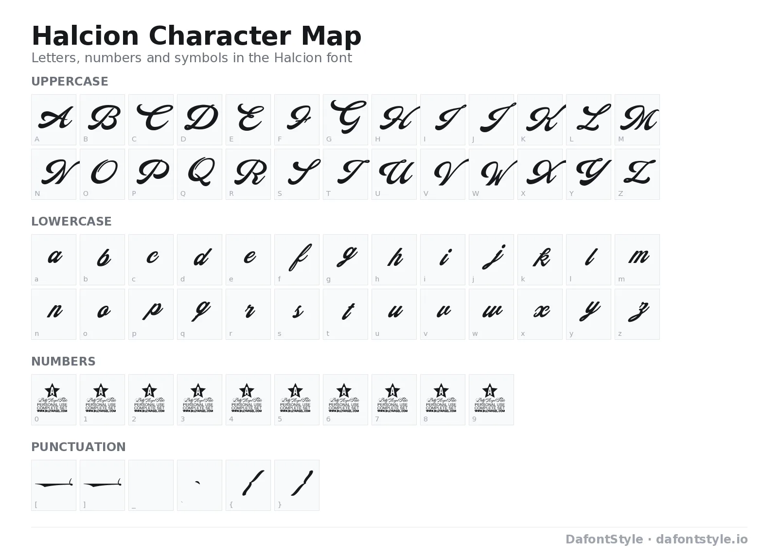 Halcion font character map with uppercase and lowercase letters, numbers and symbols