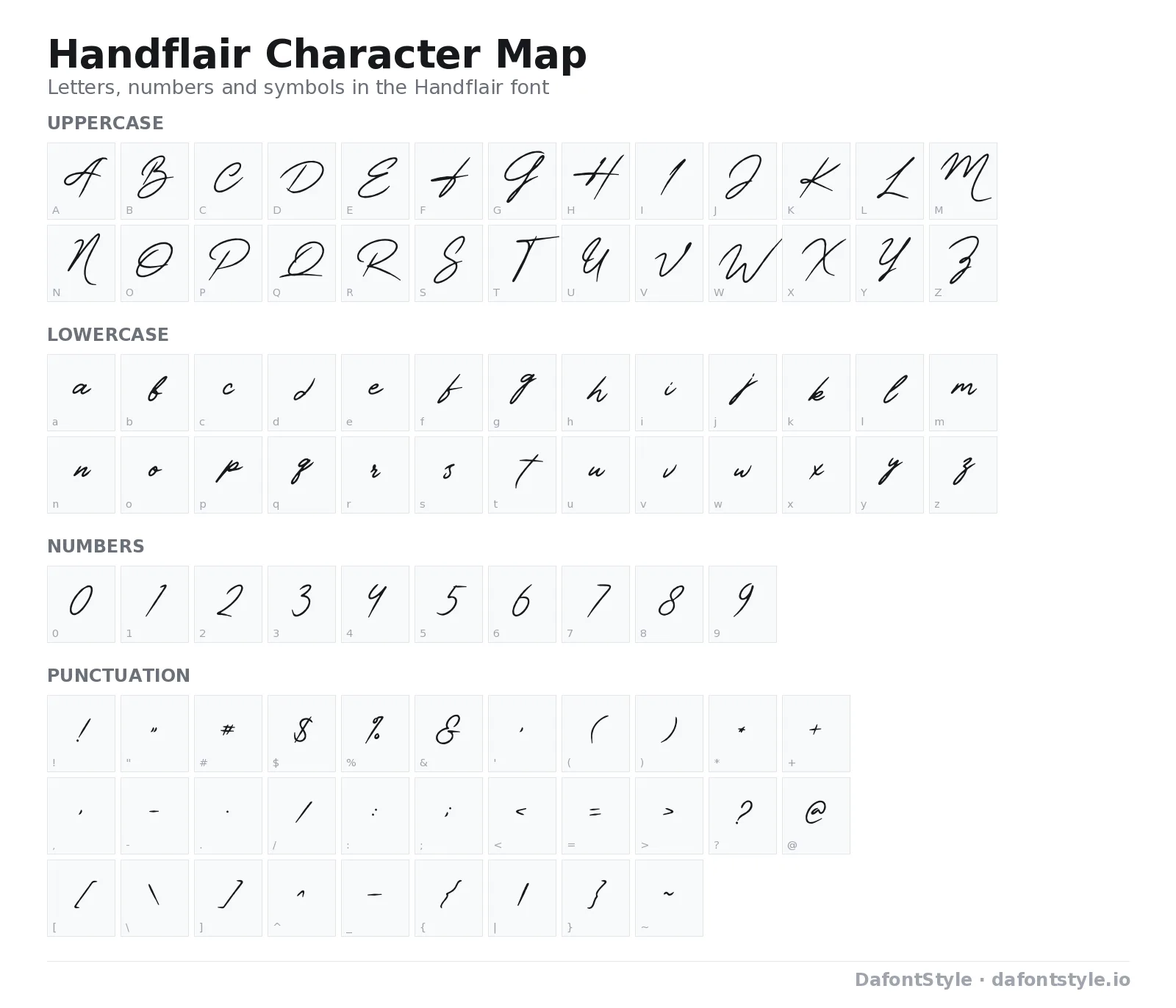 Handflair font character map with uppercase and lowercase letters, numbers and symbols