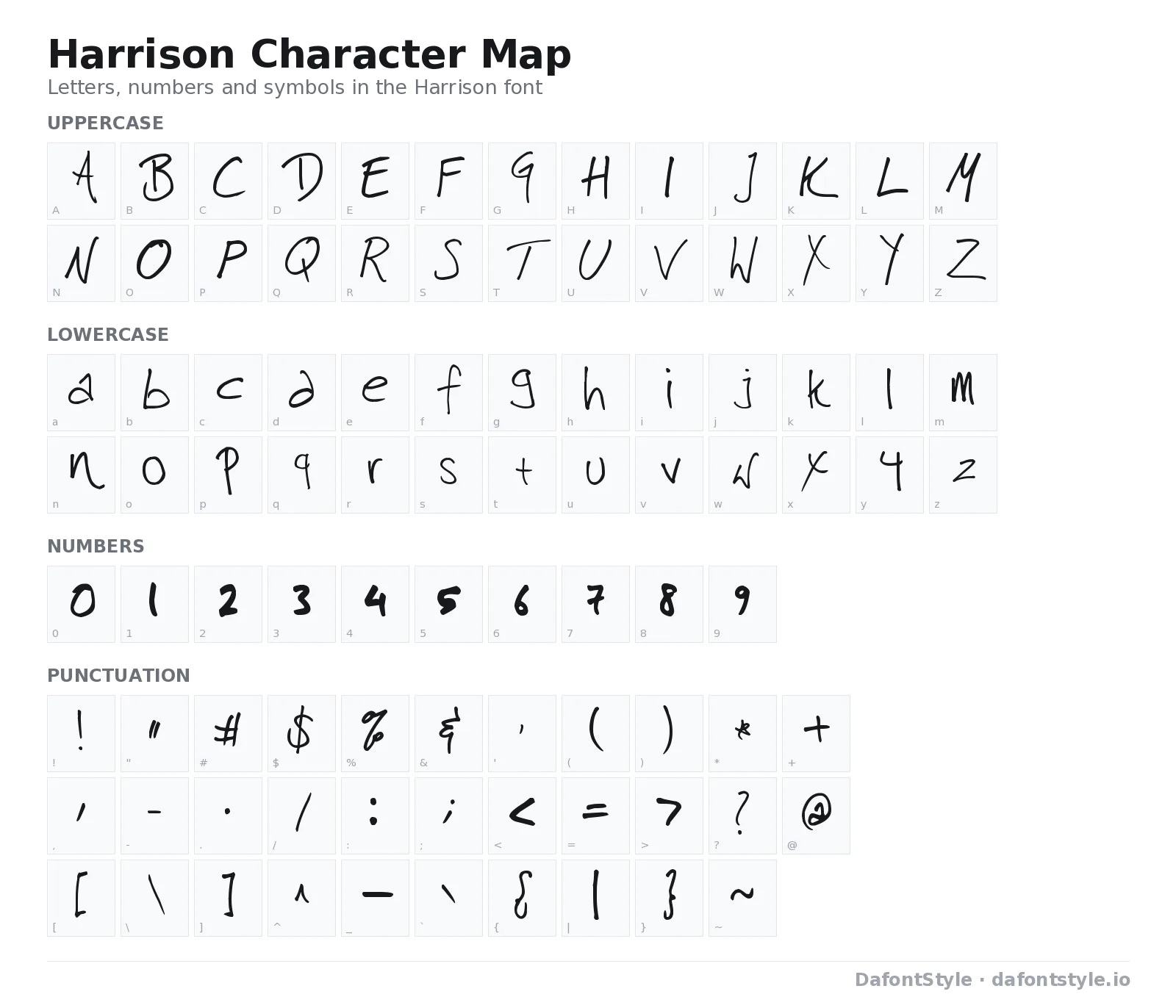 Harrison font character map with uppercase and lowercase letters, numbers and symbols
