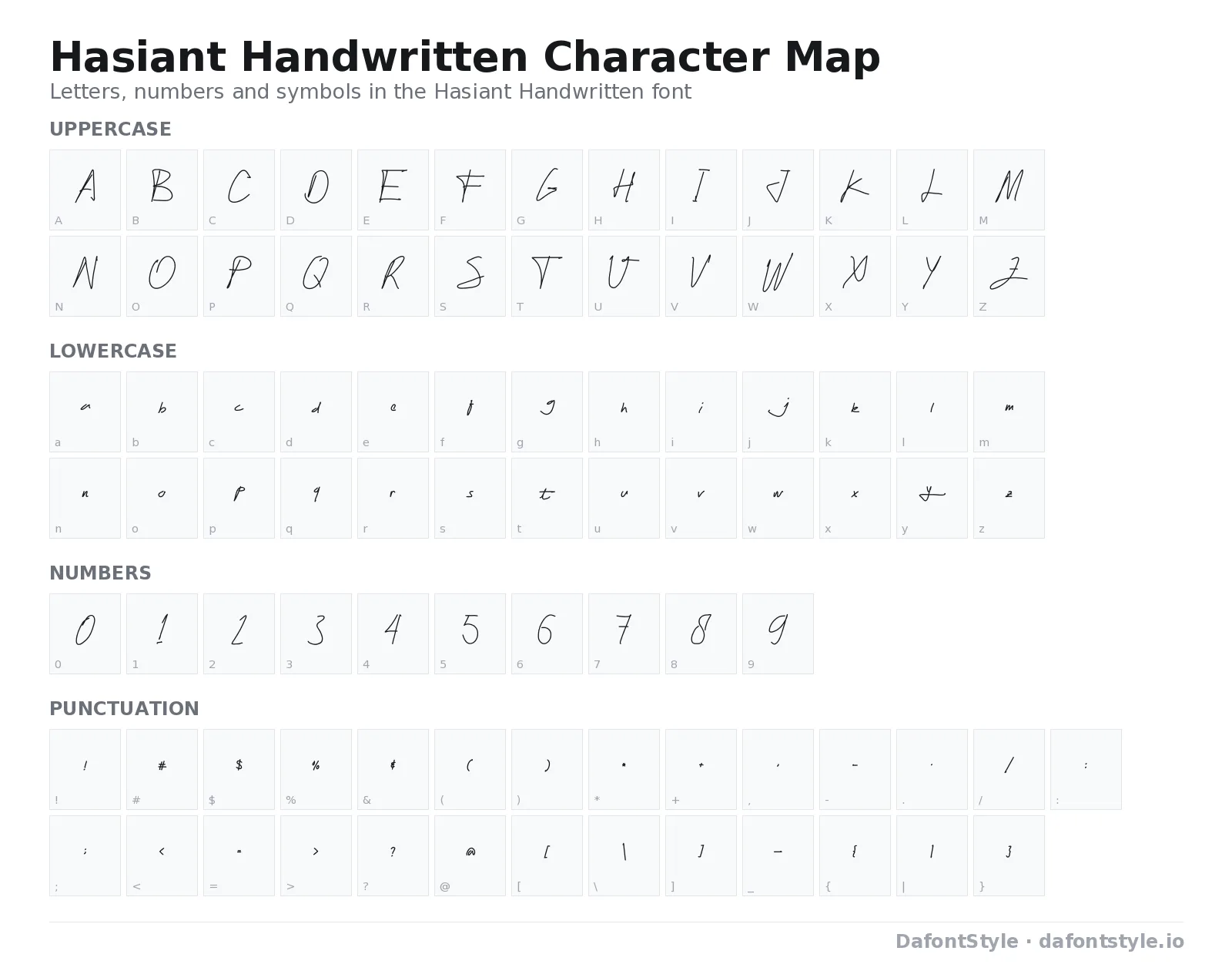 Hasiant Handwritten font character map with uppercase and lowercase letters, numbers and symbols