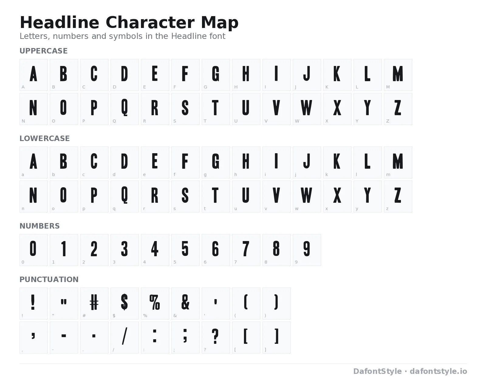 Headline font character map with uppercase and lowercase letters, numbers and symbols