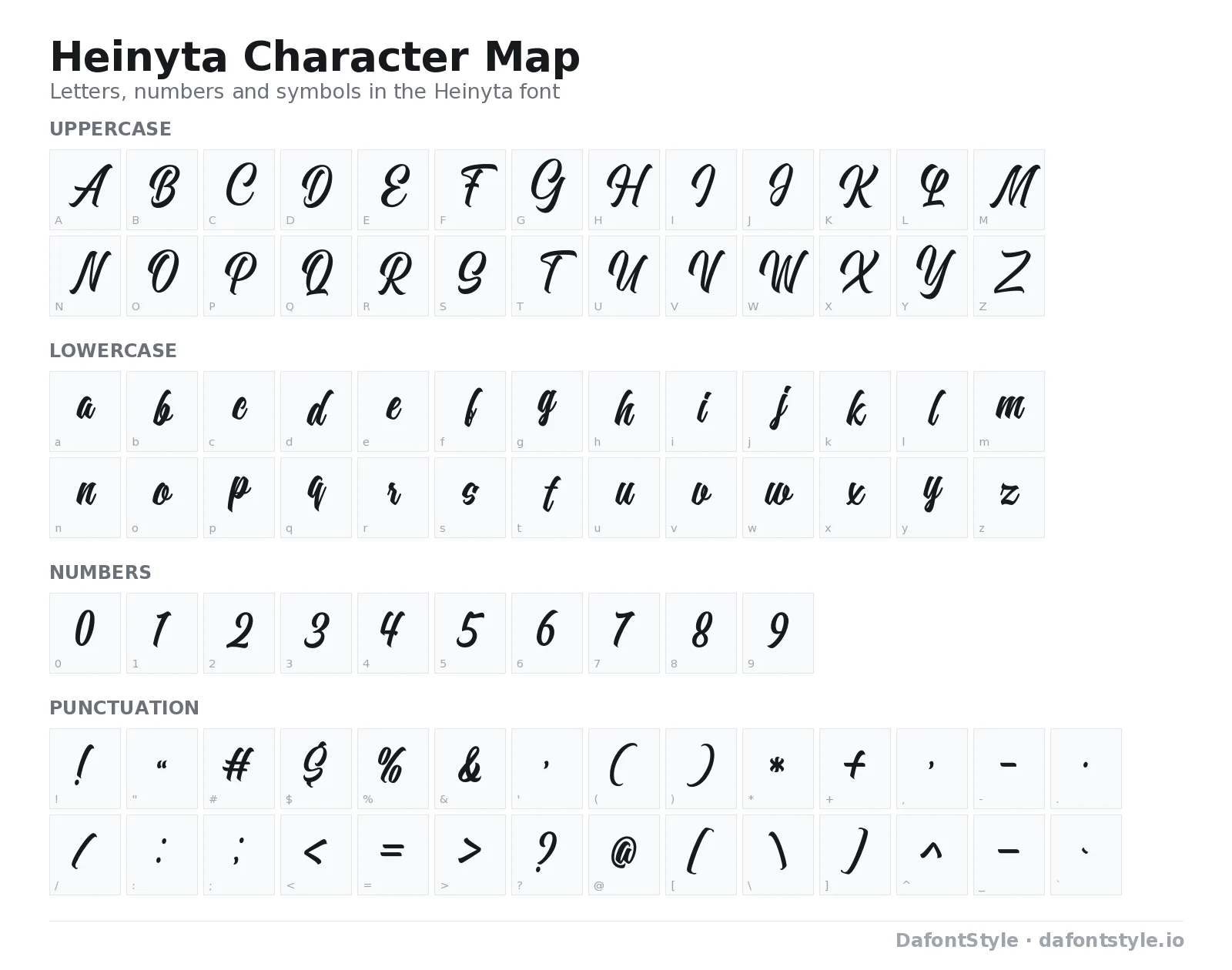 Heinyta font character map with uppercase and lowercase letters, numbers and symbols