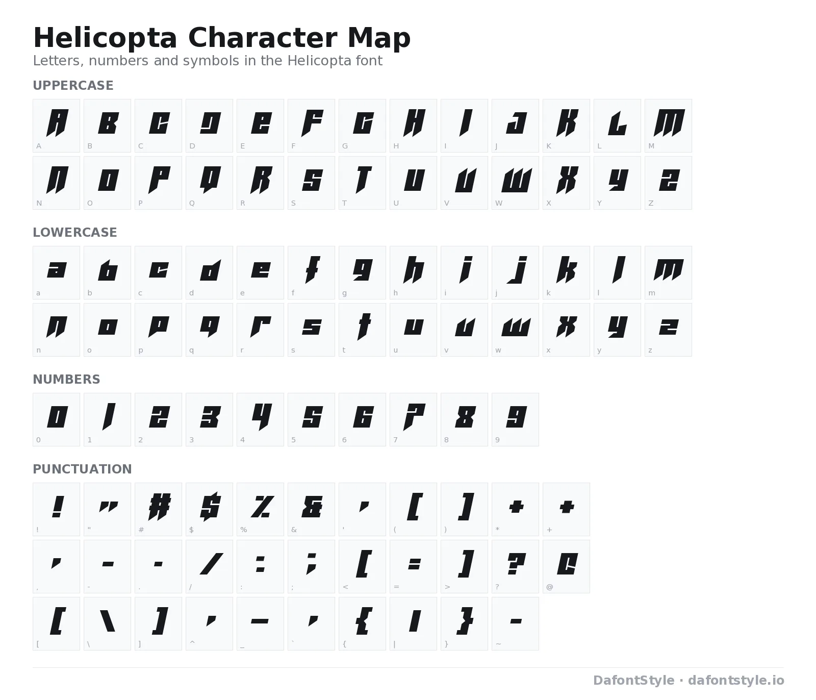 Helicopta font character map with uppercase and lowercase letters, numbers and symbols