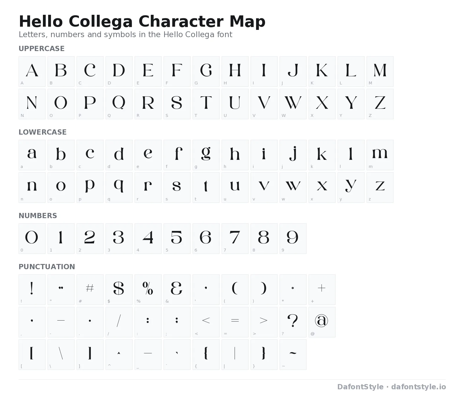 Hello Collega font character map with uppercase and lowercase letters, numbers and symbols