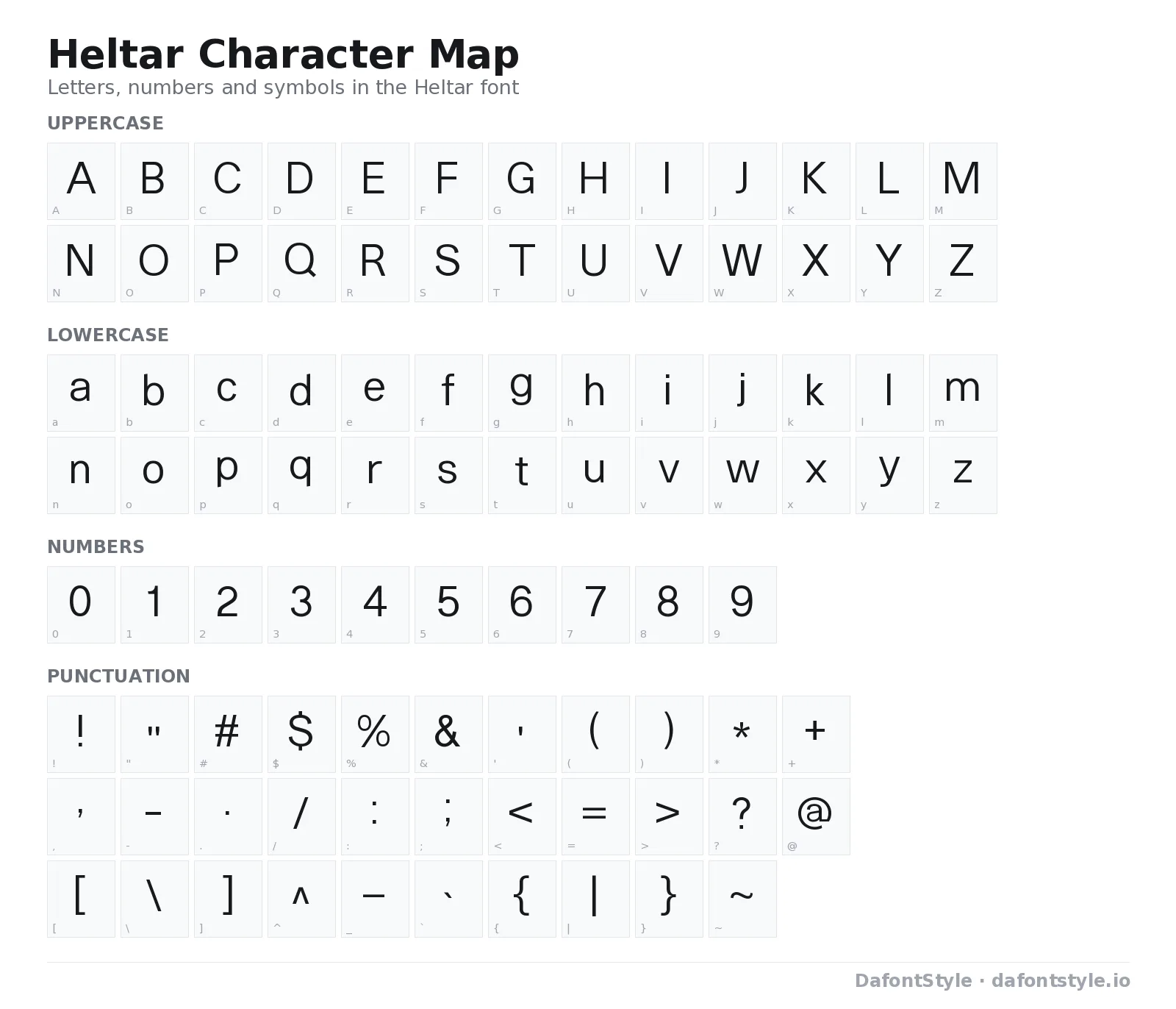 Heltar font character map with uppercase and lowercase letters, numbers and symbols