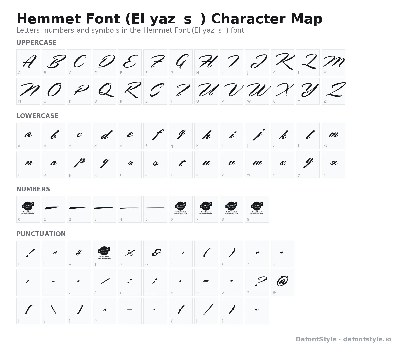 Hemmet Font (El yazısı) font character map with uppercase and lowercase letters, numbers and symbols