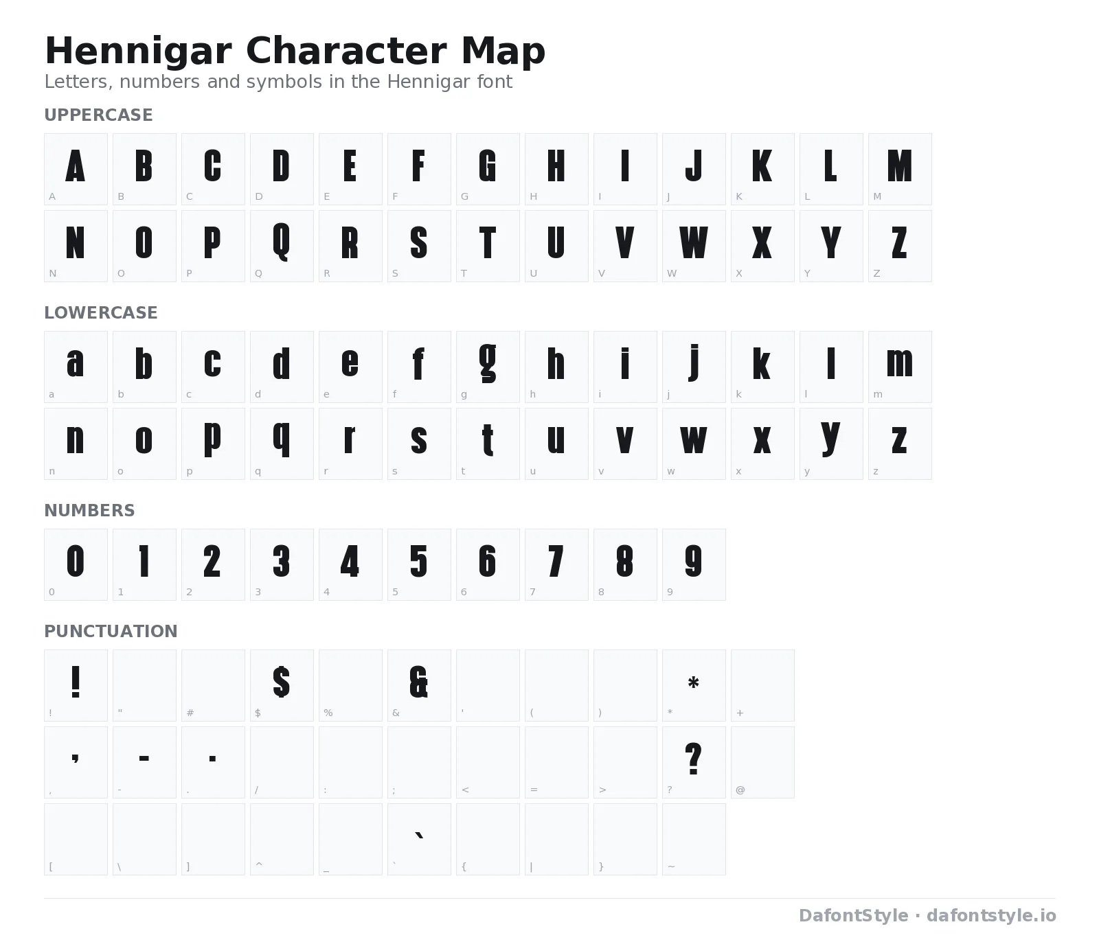 Hennigar font character map with uppercase and lowercase letters, numbers and symbols
