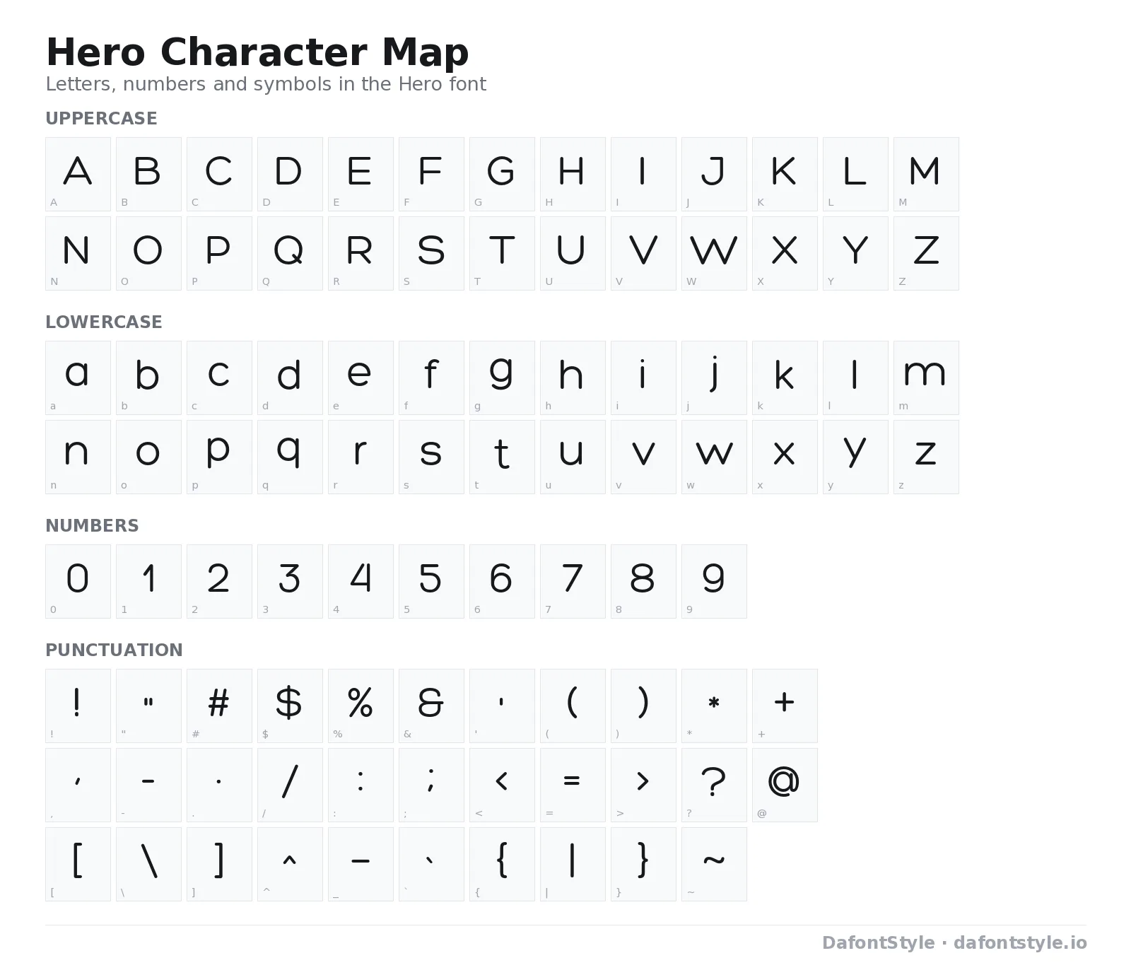 Hero font character map with uppercase and lowercase letters, numbers and symbols