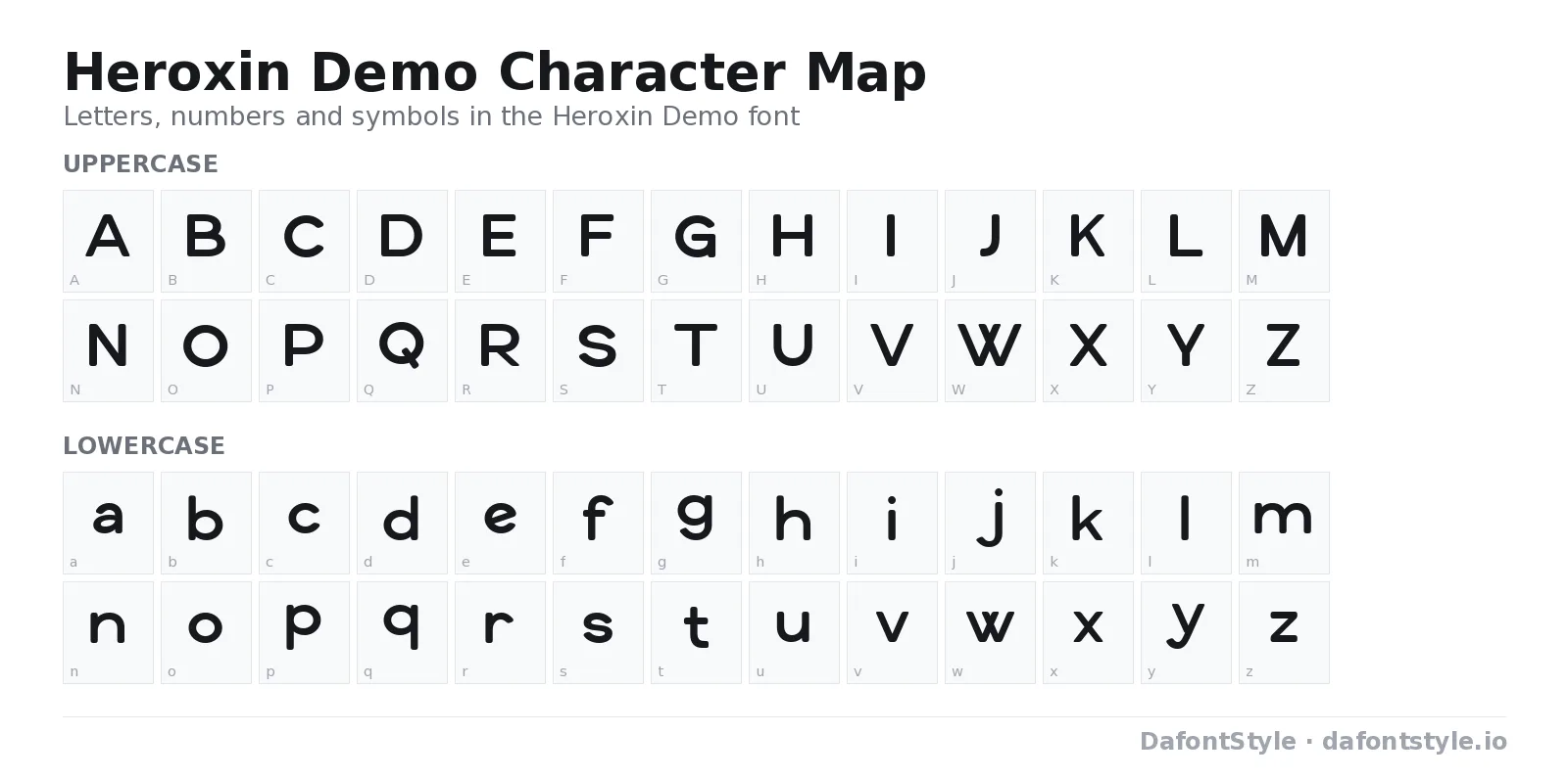 Heroxin Demo font character map with uppercase and lowercase letters, numbers and symbols