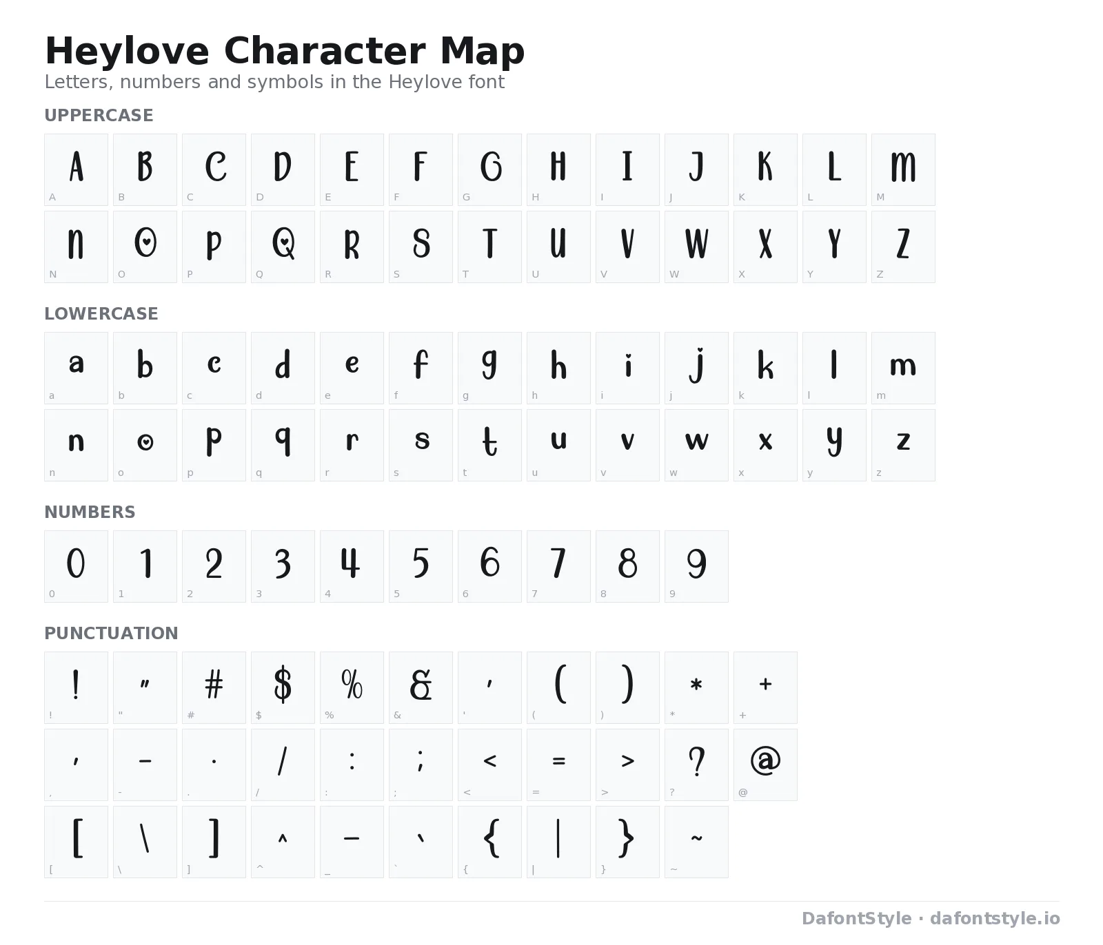 Heylove font character map with uppercase and lowercase letters, numbers and symbols