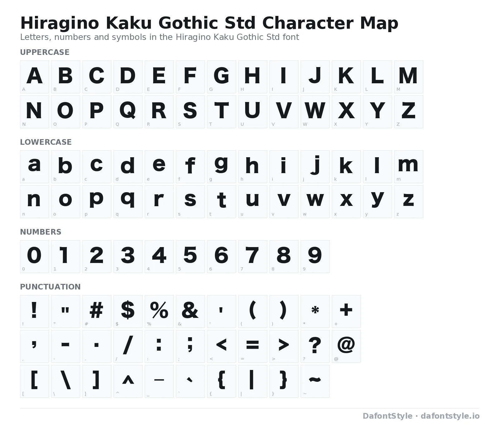 Hiragino Kaku Gothic Std font character map with uppercase and lowercase letters, numbers and symbols