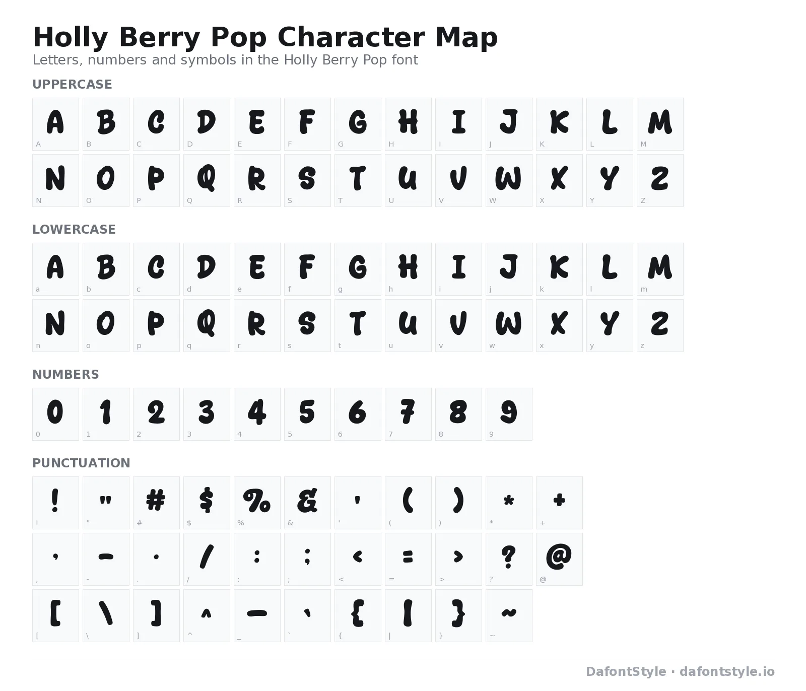 Holly Berry Pop font character map with uppercase and lowercase letters, numbers and symbols