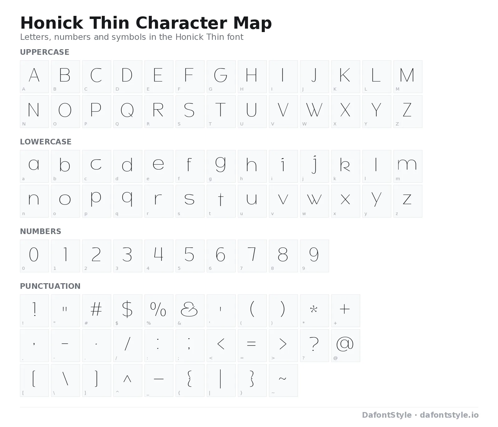 Honick Thin font character map with uppercase and lowercase letters, numbers and symbols