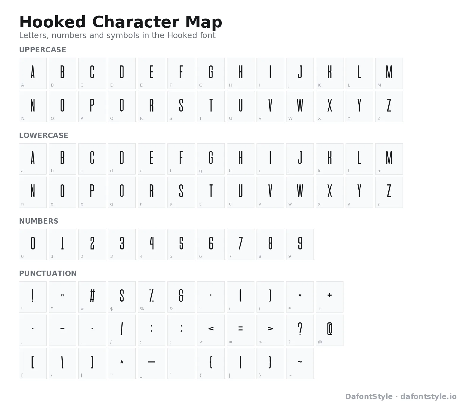 Hooked font character map with uppercase and lowercase letters, numbers and symbols