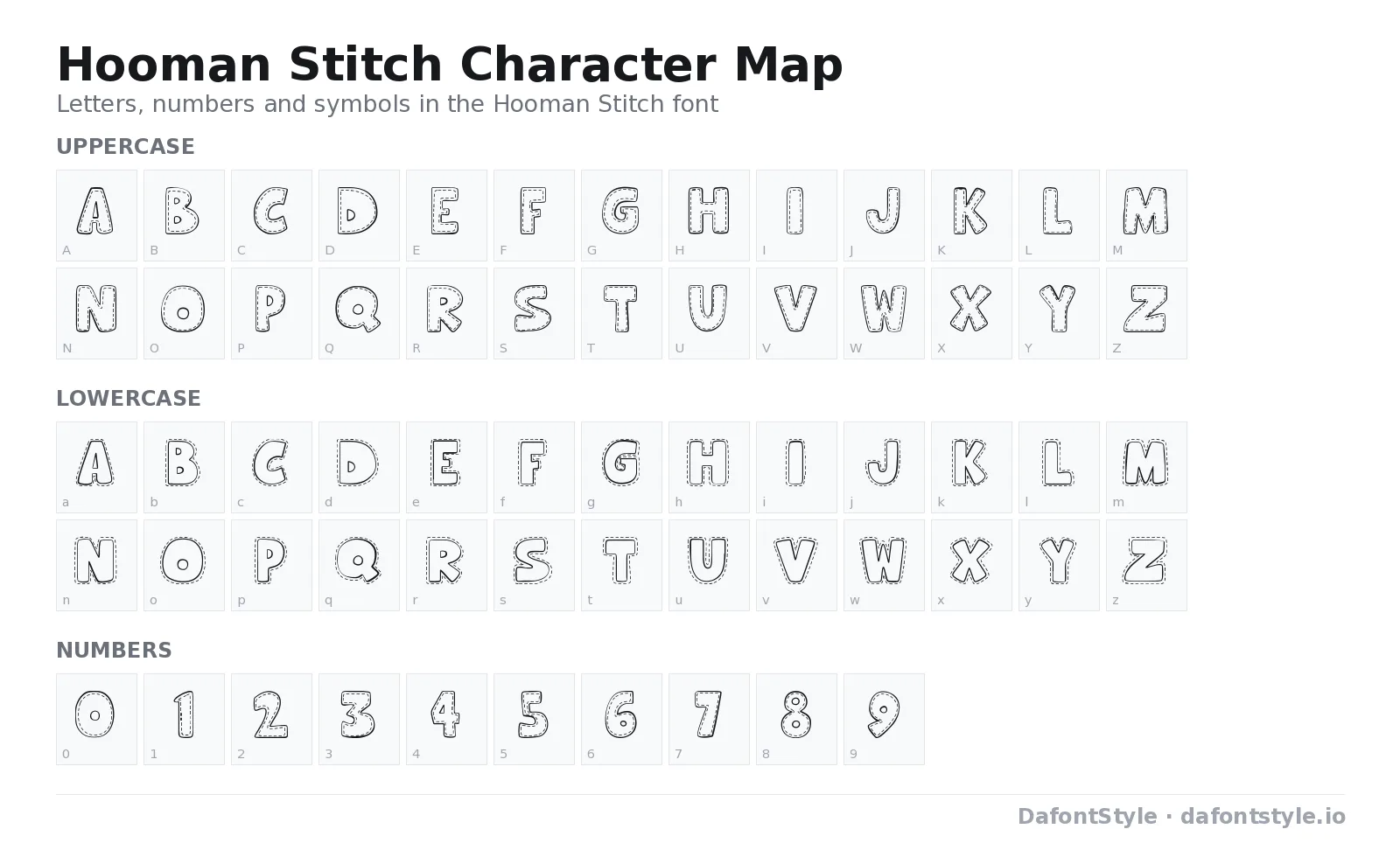 Hooman Stitch font character map with uppercase and lowercase letters, numbers and symbols