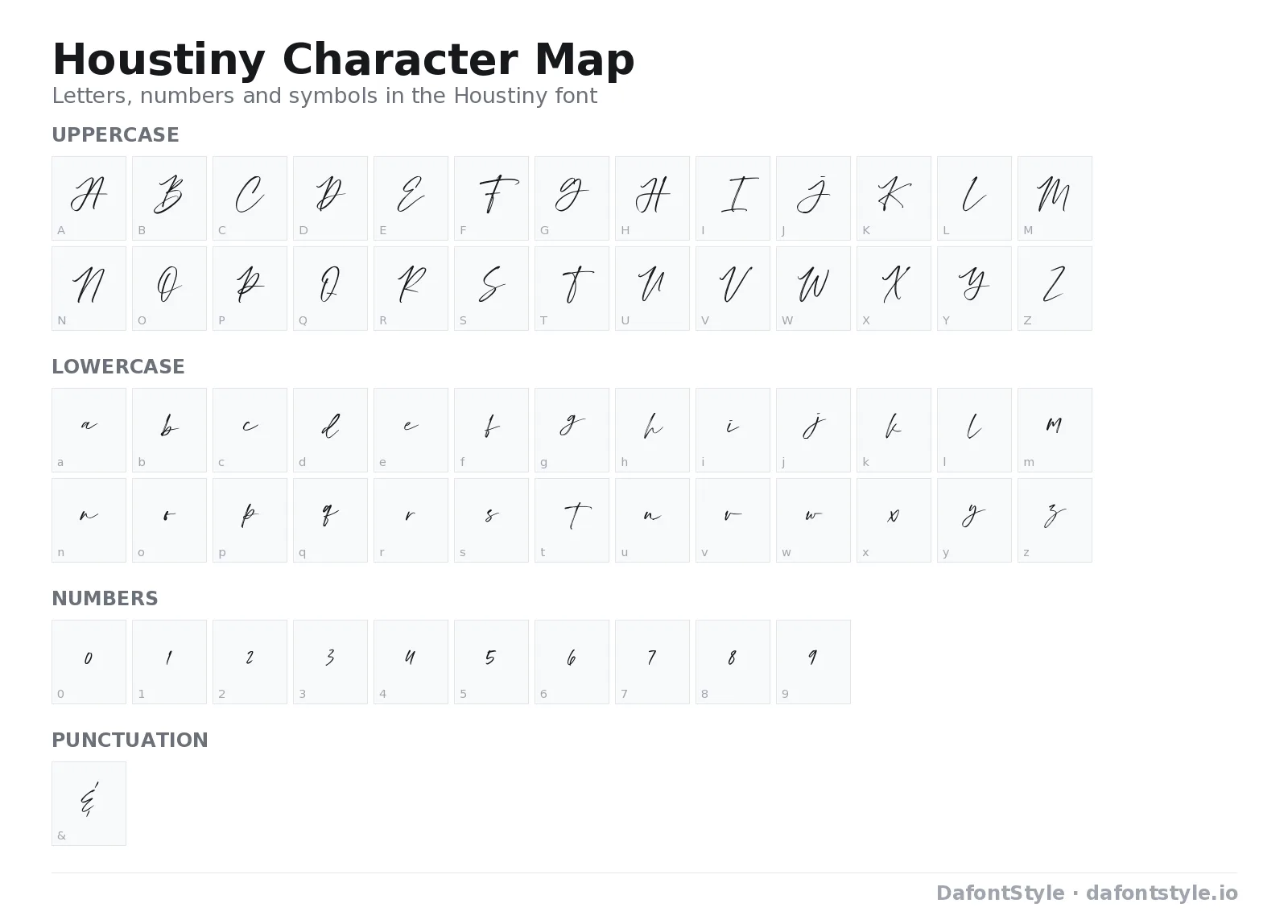 Houstiny font character map with uppercase and lowercase letters, numbers and symbols