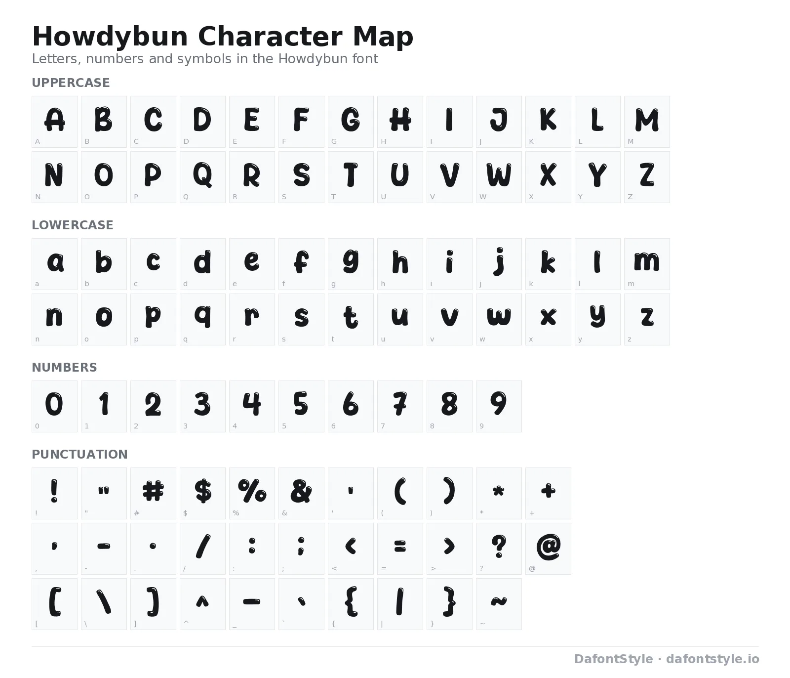 Howdybun font character map with uppercase and lowercase letters, numbers and symbols